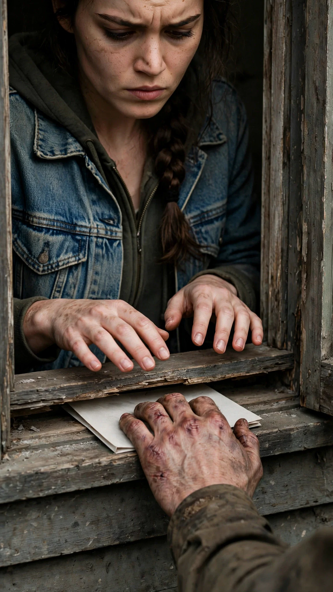 A folded paper form is pushed through the narrow gap in the window toward the woman's hands.
