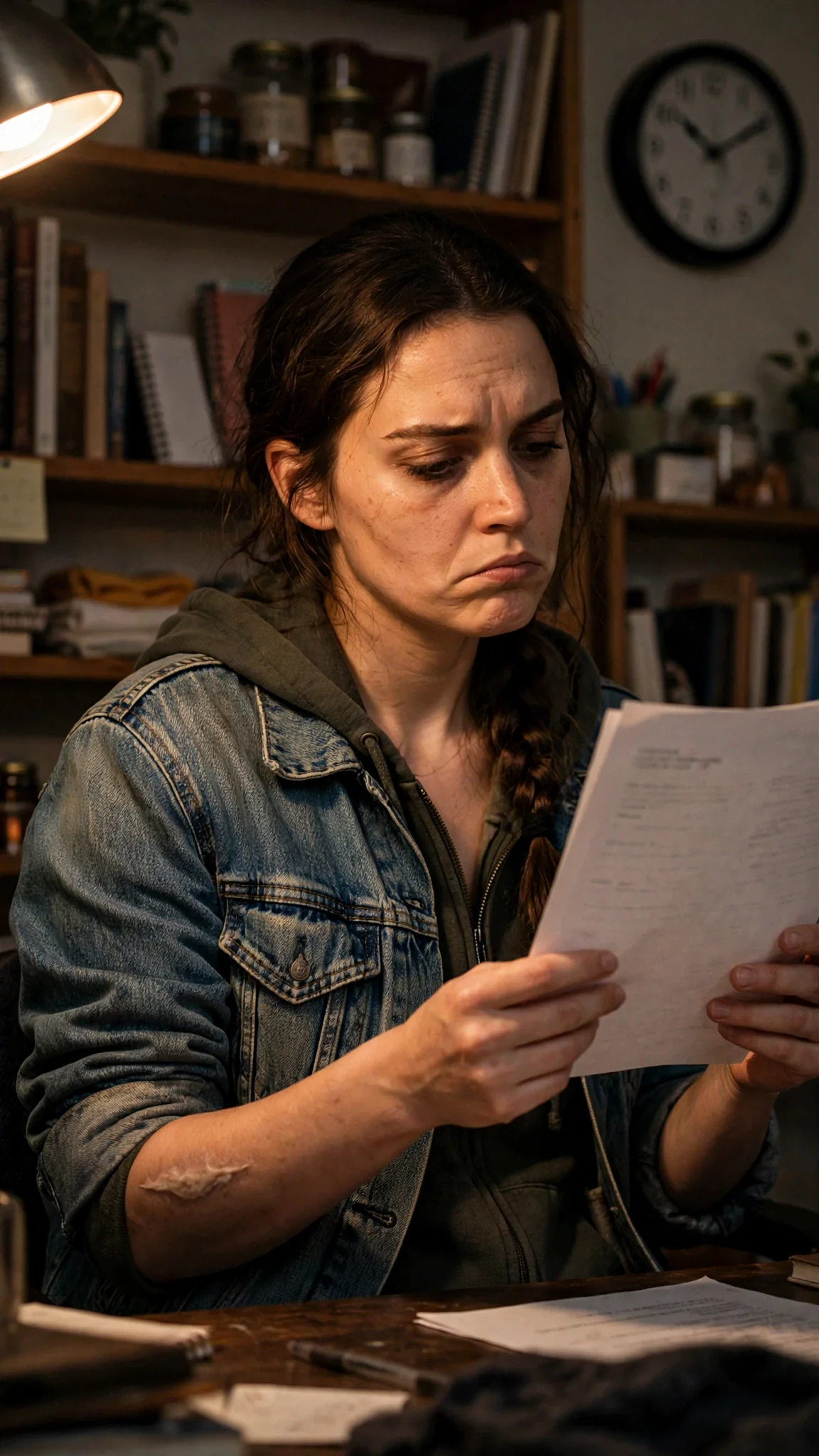 The woman reads the paper under the desk lamp, eyes narrowed with suspicion.