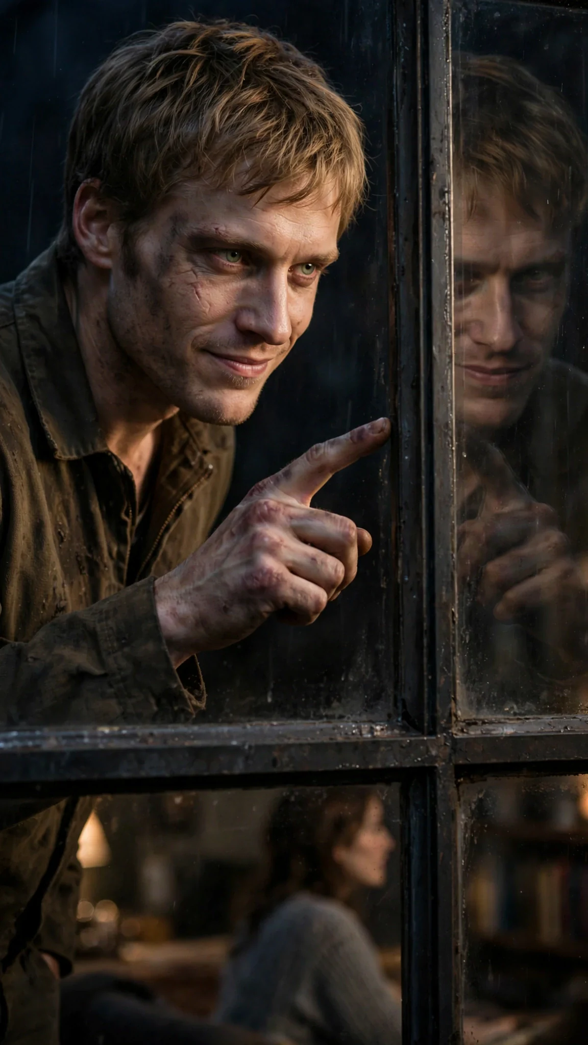 The man leans close to the glass with a smug smile, tapping one finger on the window frame.