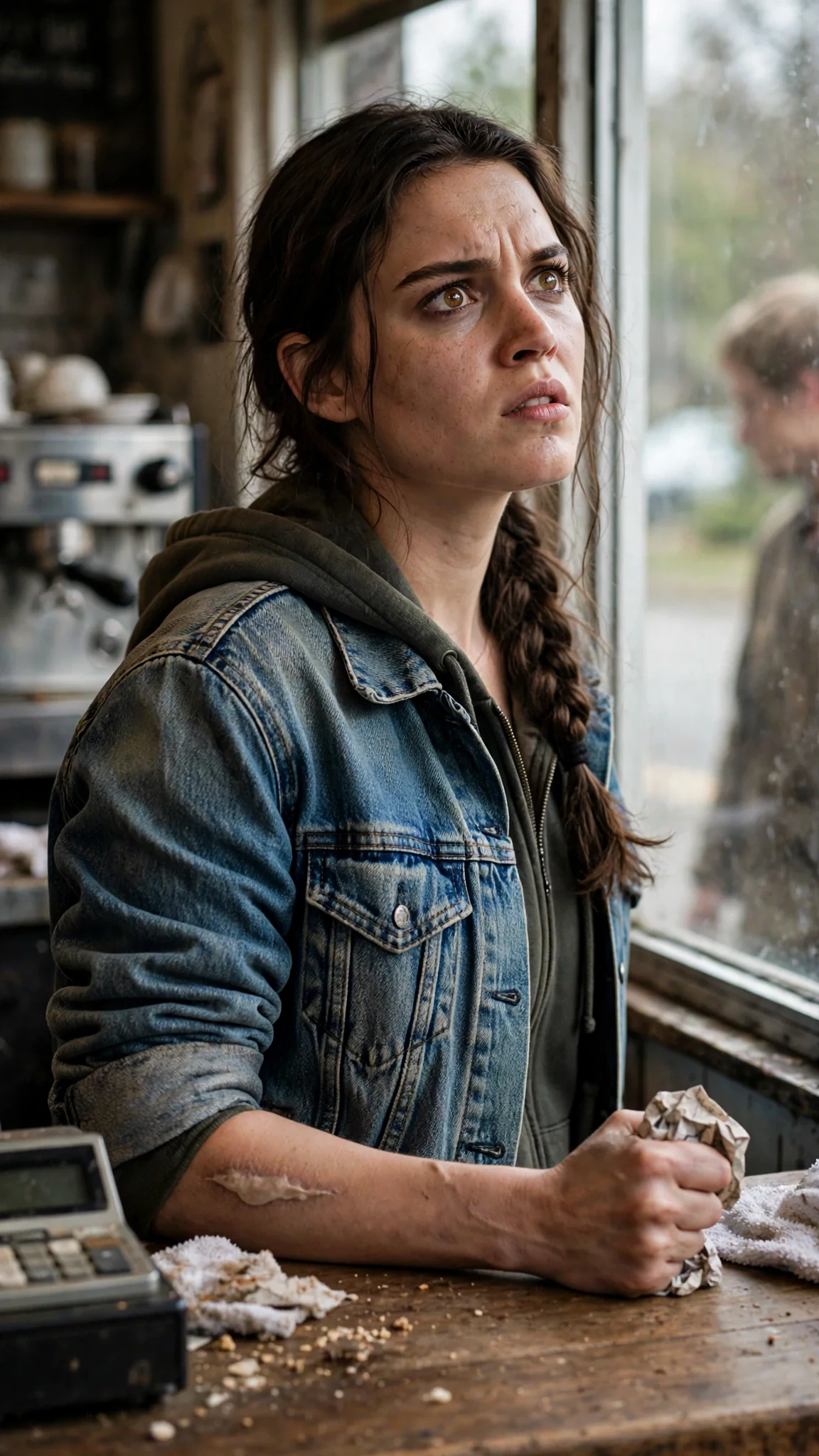 The woman stands straight behind the counter and says no, her chin raised.