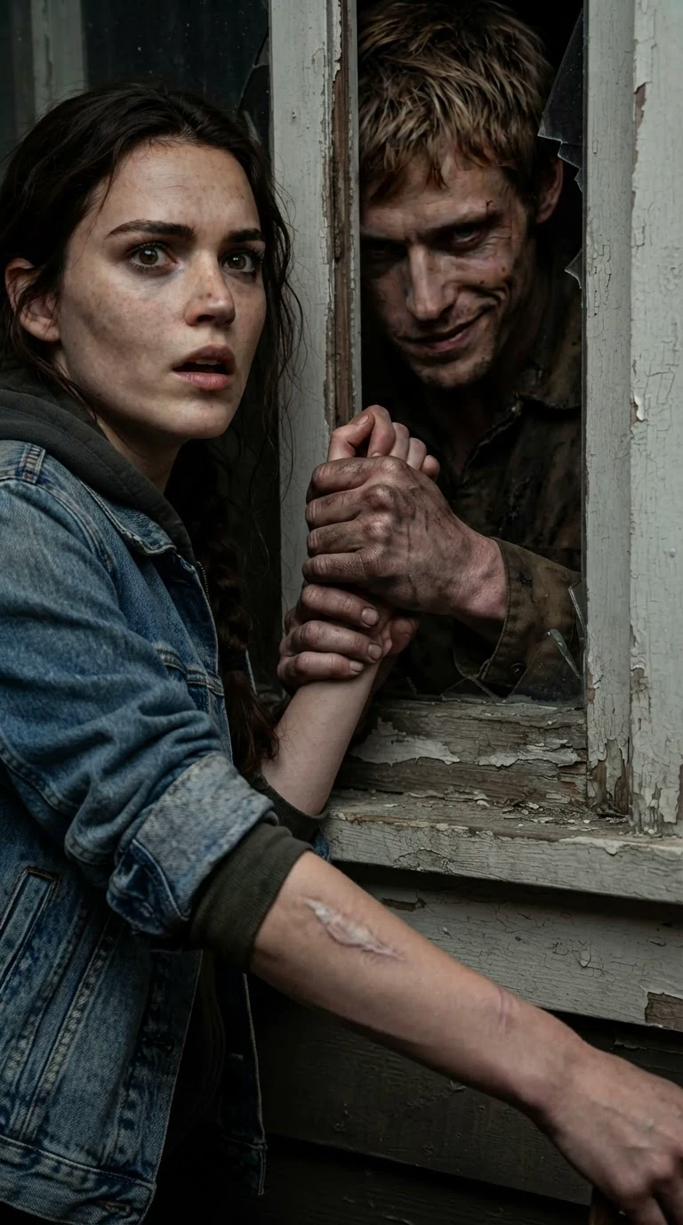 The man's hand shoots through the window gap and grips the woman's wrist.