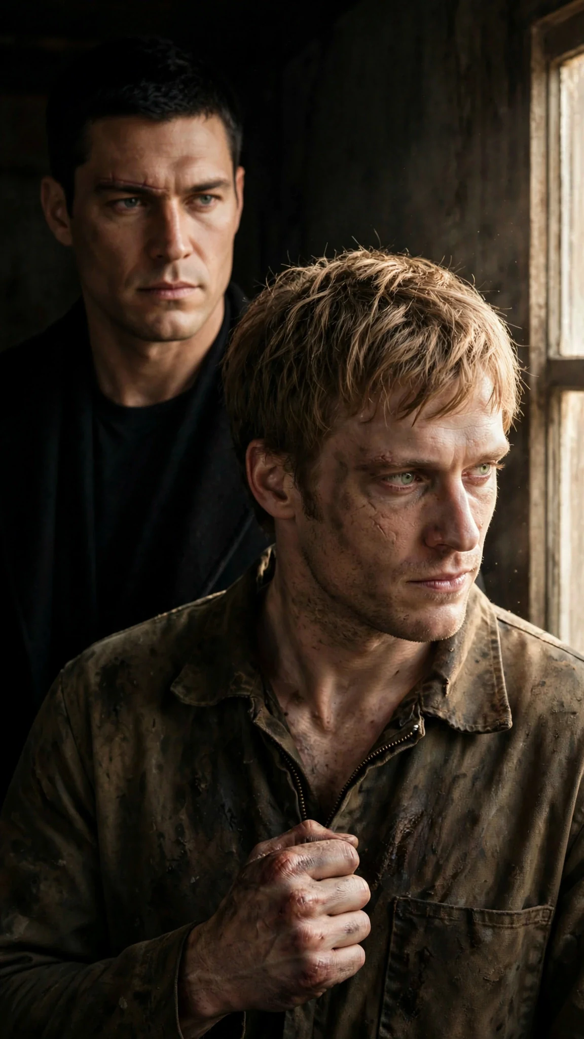 A tall broad-shouldered man in a black coat steps out of the dark behind the man at the window.