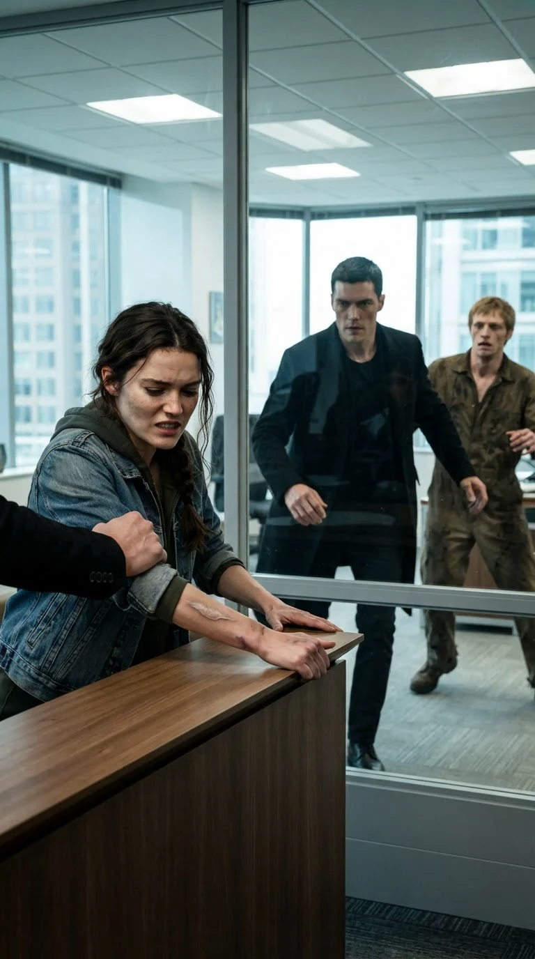 The woman's wrist swings free and hits the counter edge as the tall man steps into the light.