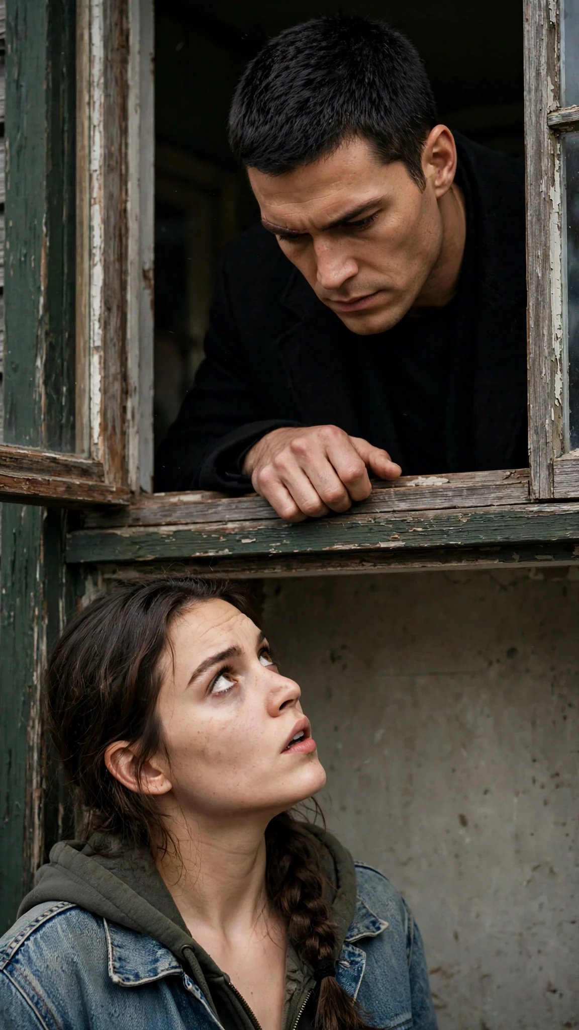 The tall man stands close to the window, looking down at the woman, the air between them charged.