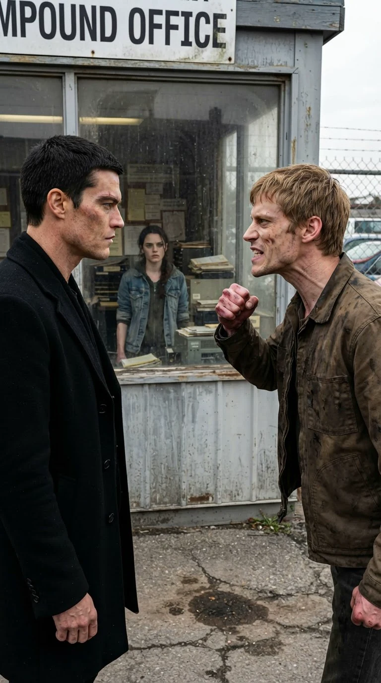 The tall man squares off with the man in the work jacket outside the office window.