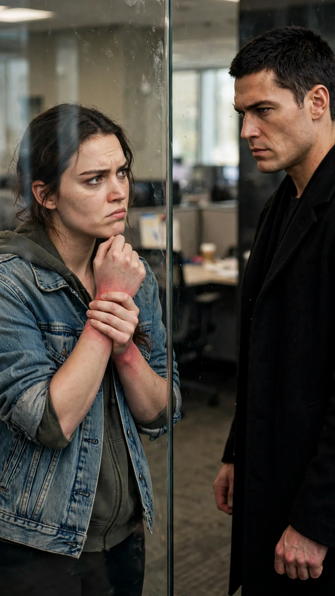 The tall man's knuckles whiten at his side while the woman rubs her wrist behind the glass.