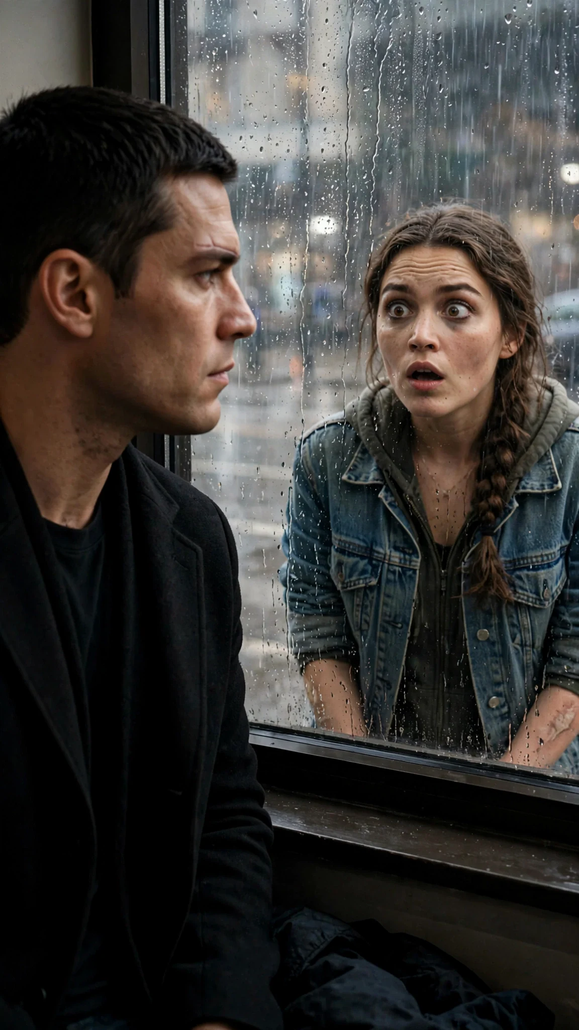 The tall man looks directly at the woman through the window, waiting for her answer.