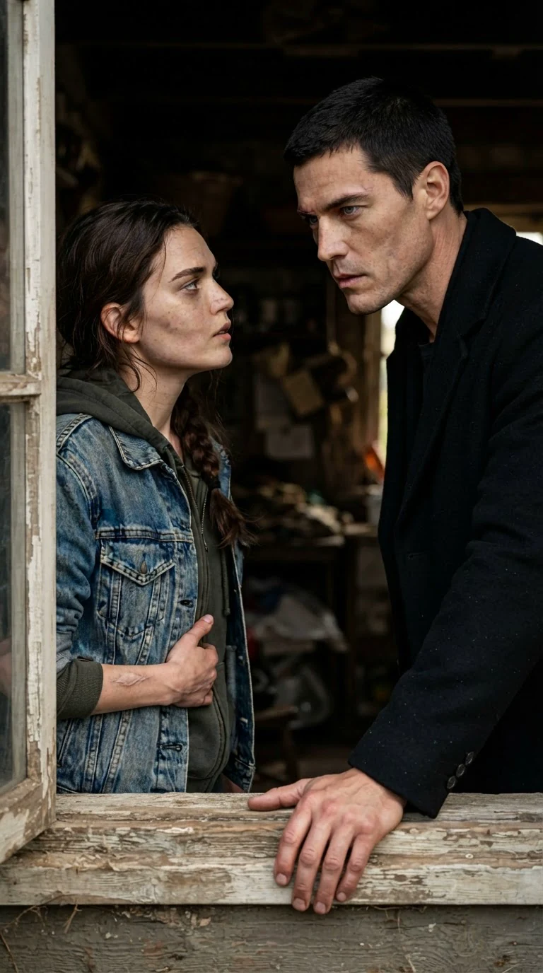 The tall man pauses at the window and gives her a last order, his eyes steady on hers.