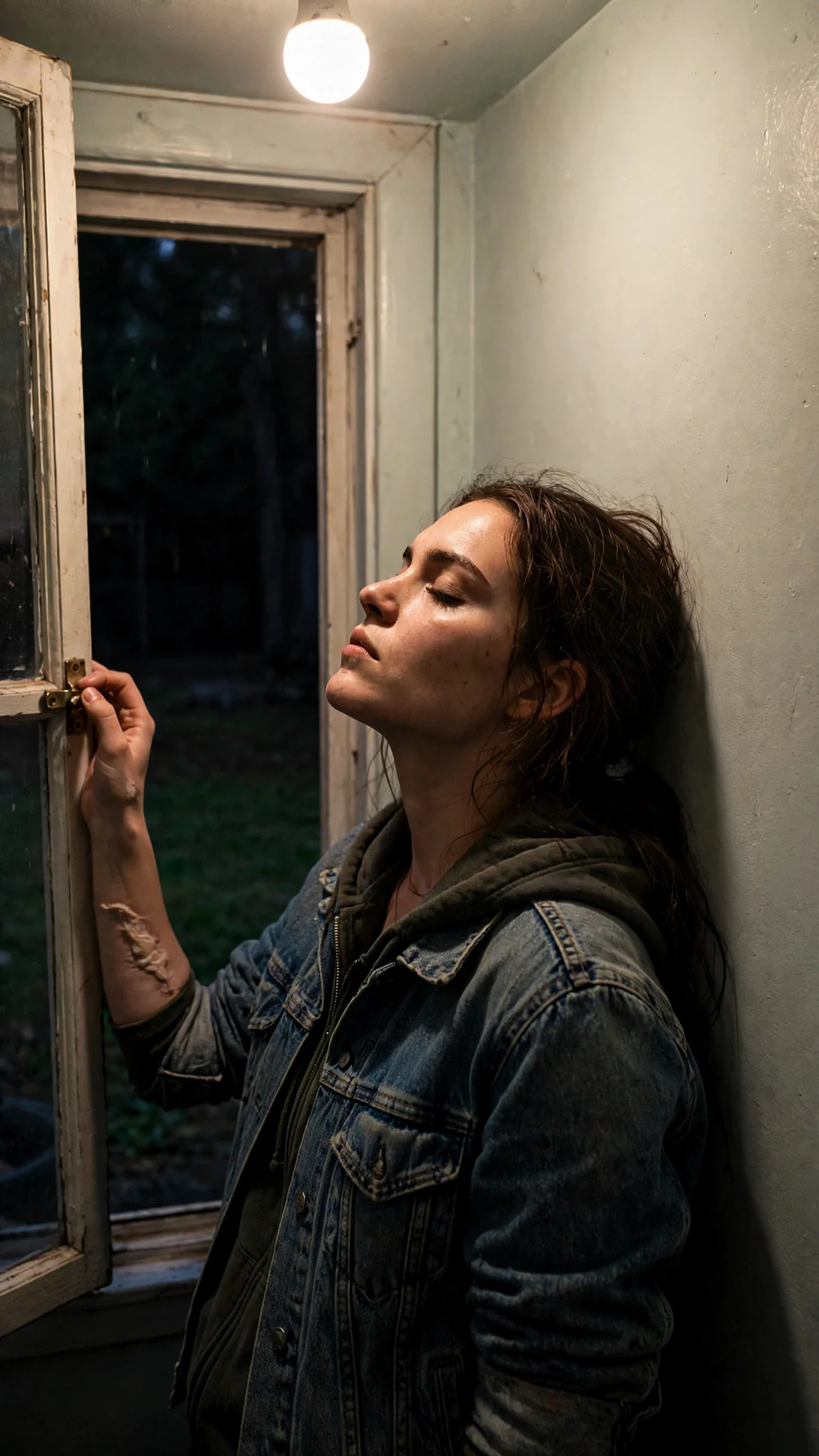 The woman locks the window and leans back against the wall of the empty office.