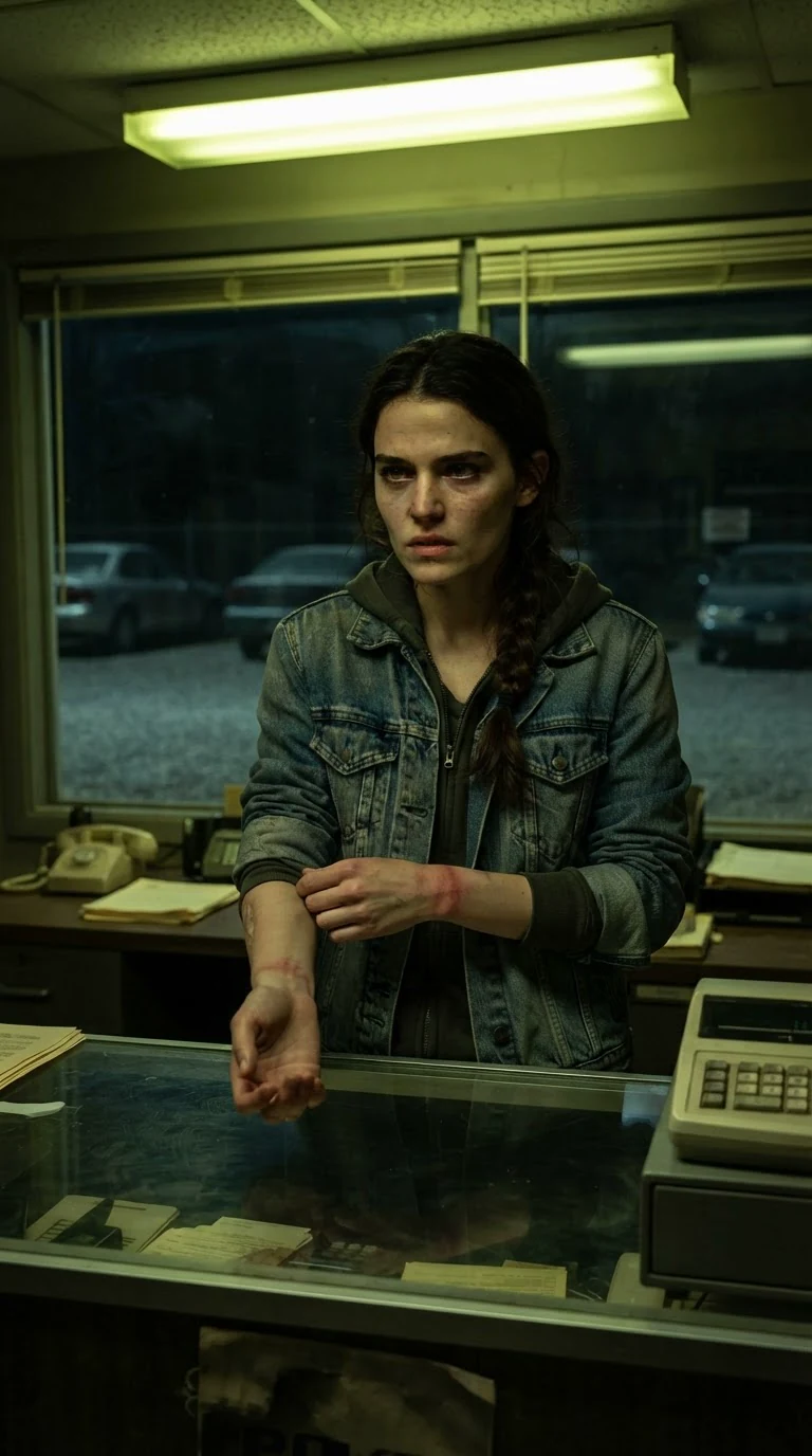 A tired young woman in a denim jacket stands alone behind a glass counter in a dim impound office, rubbing her wrist.