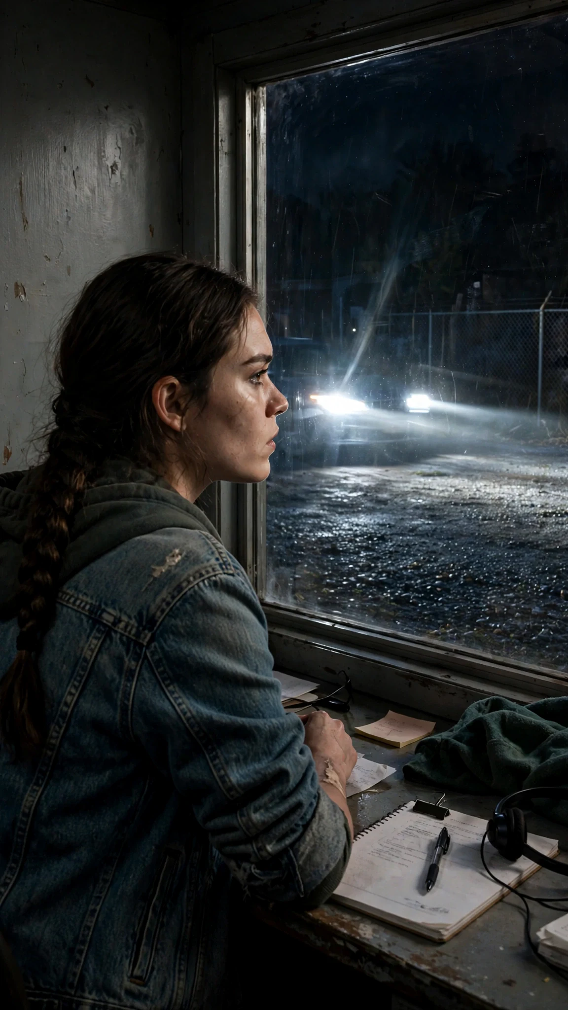 Headlights sweep across a dark gravel lot toward a small lit office window.
