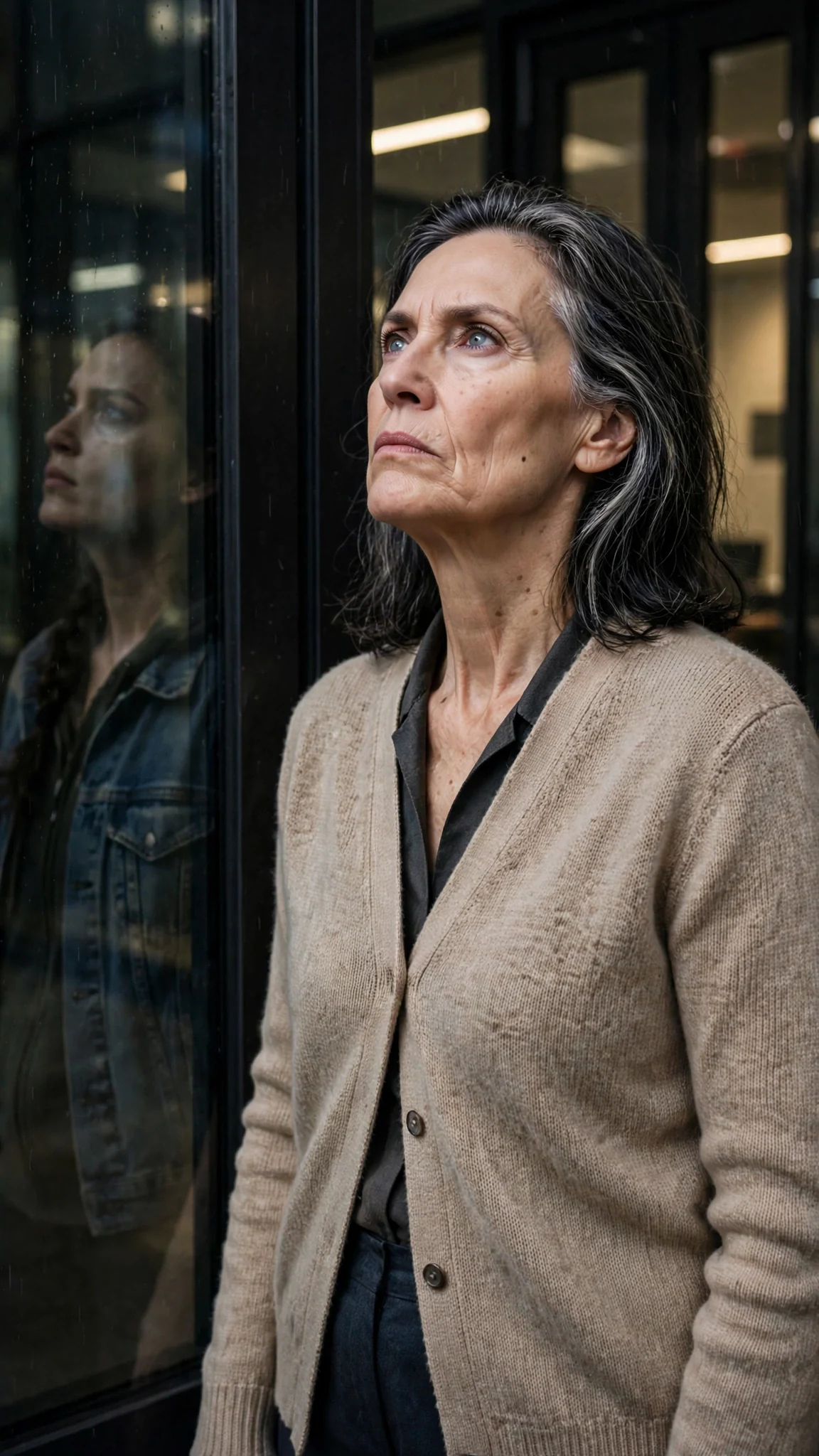 A sharp-faced woman in her fifties in a plain cardigan stands at the office door at night, mouth already set.