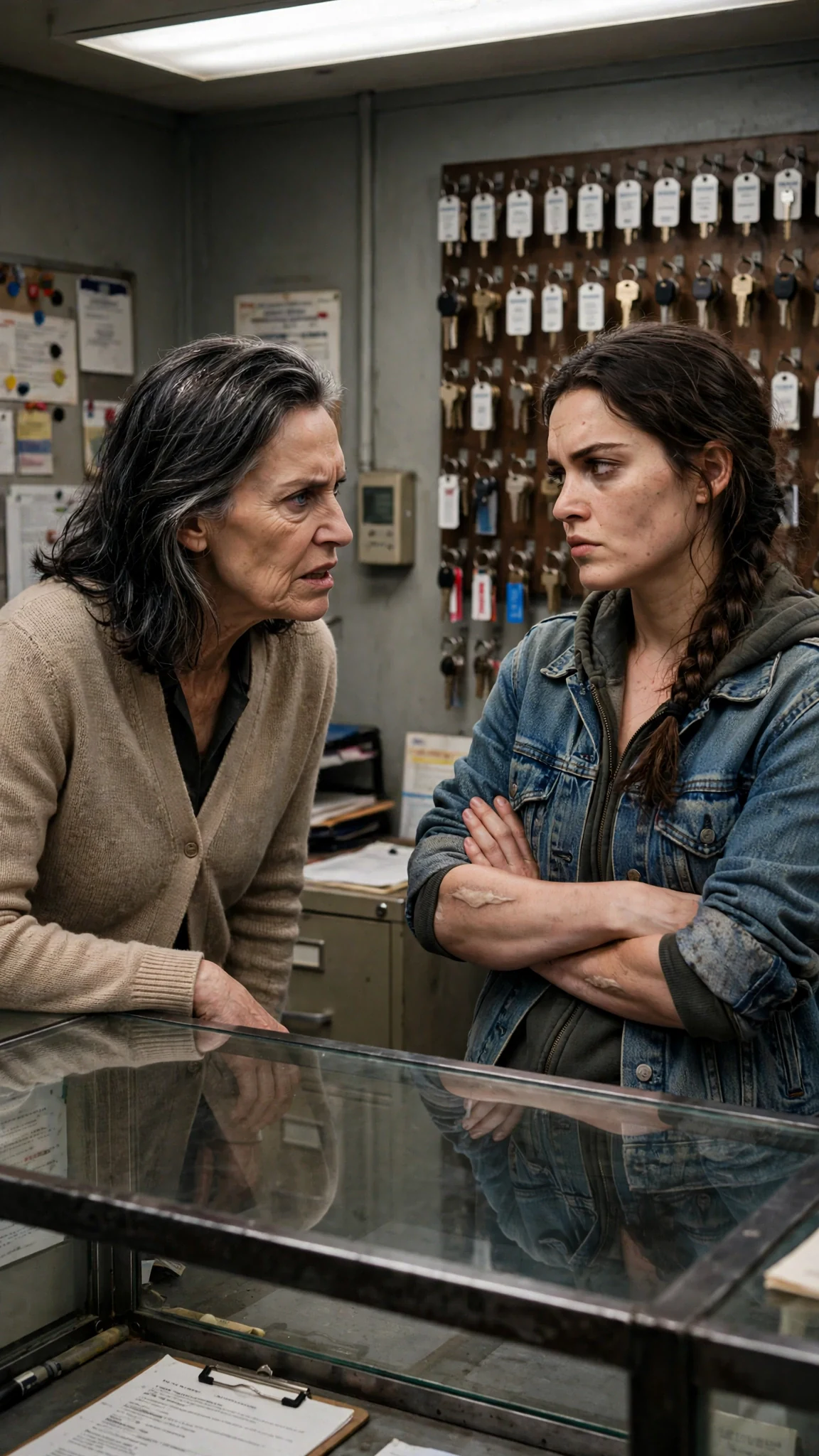 Two women face each other across a glass counter, the older one talking with a hard expression.