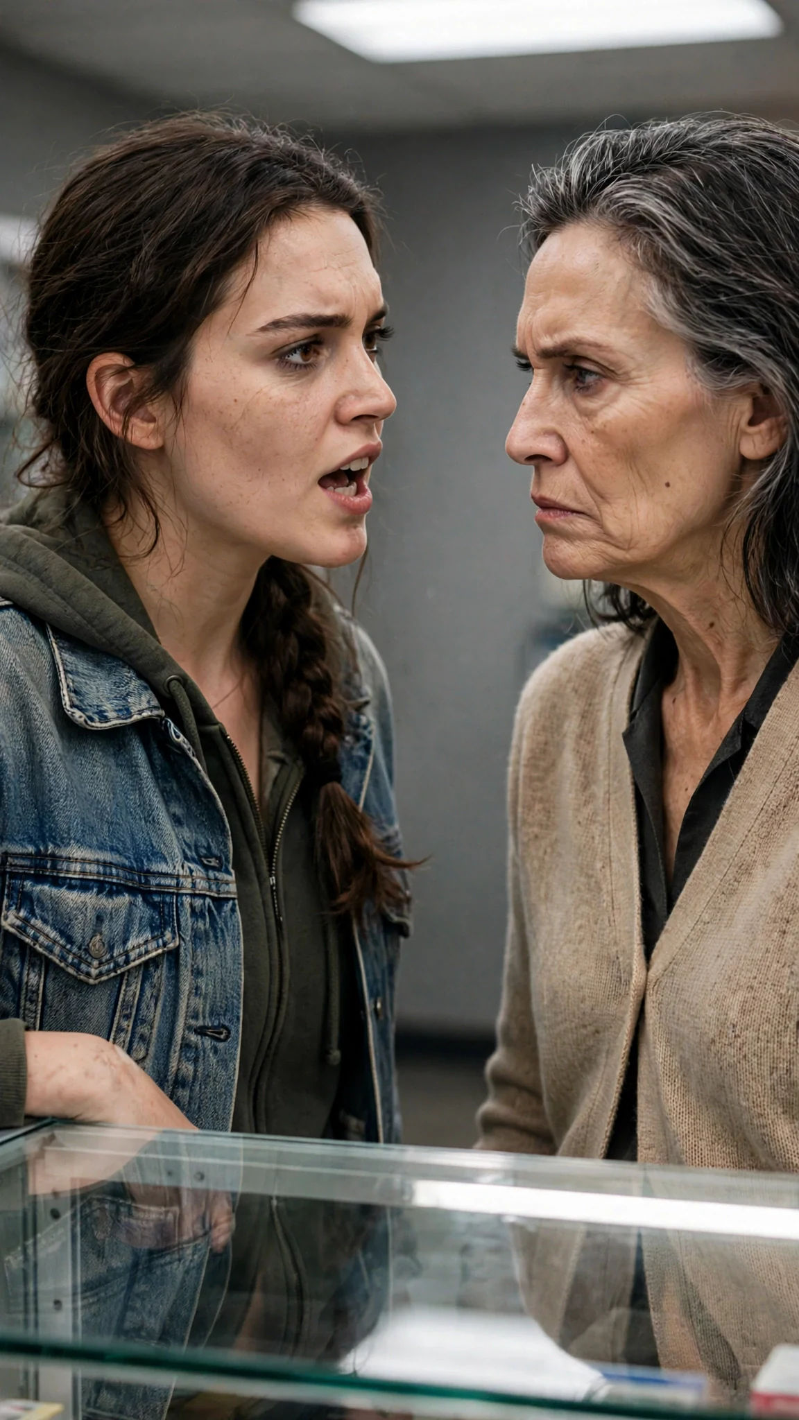 The young woman answers back, chin up, while her mother's eyes narrow.