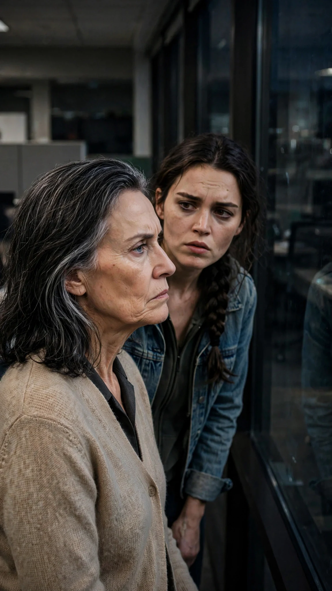 The older woman looks away toward a dark window, her face bitter, while her daughter watches.