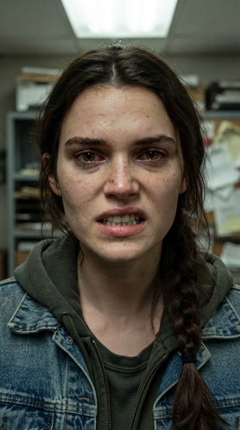 Close on the young woman's face, jaw clenched, eyes wet and furious.