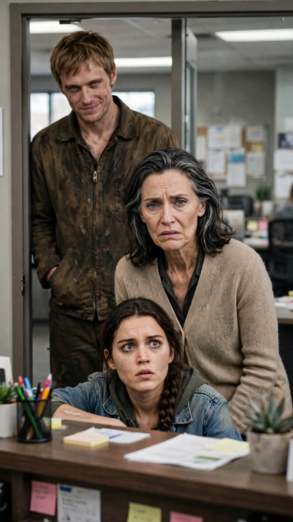 A lean man in a grease-stained work jacket steps into the office light behind the older woman.