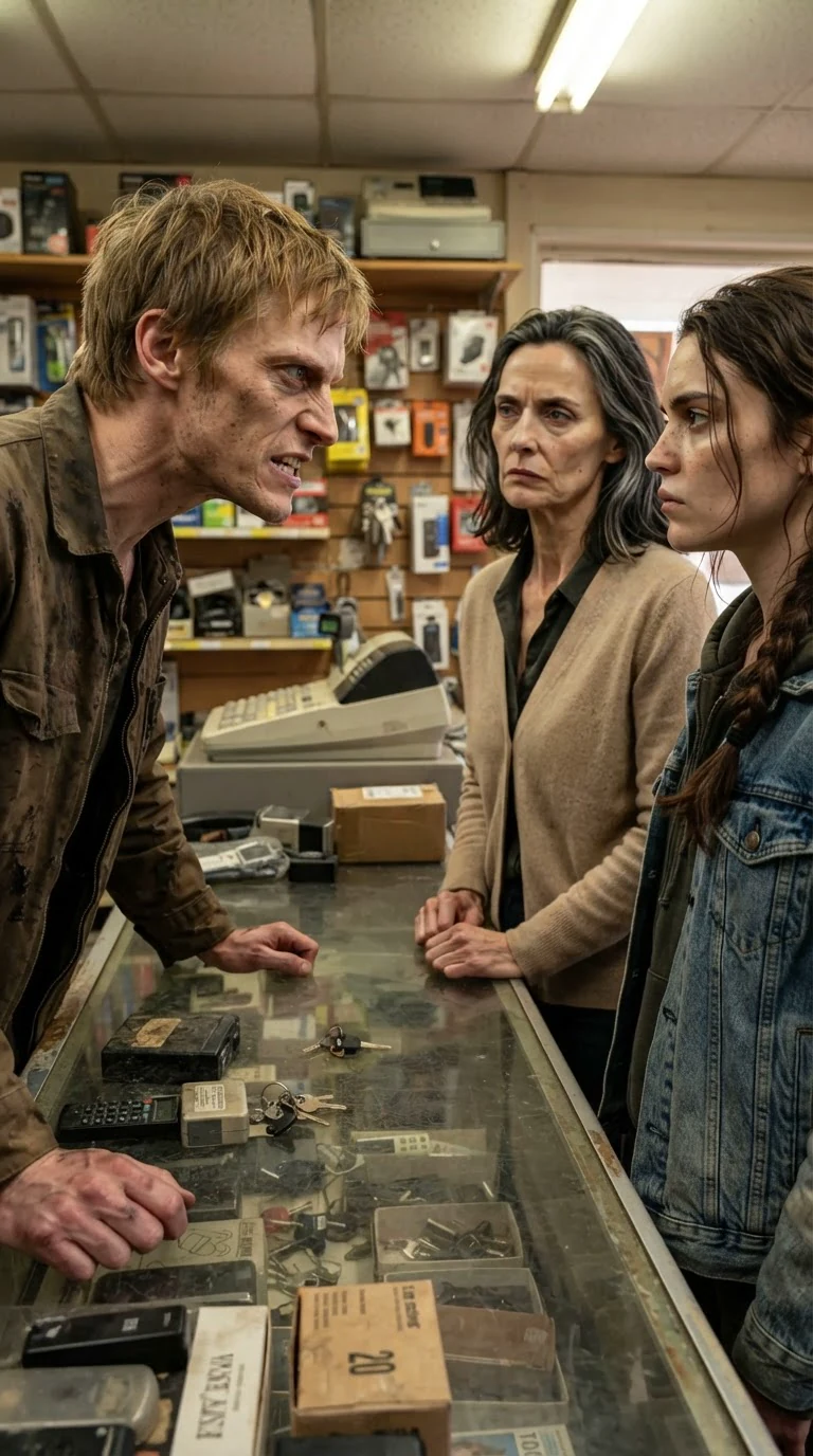 The man's face twists as he argues, the older woman watching between them.