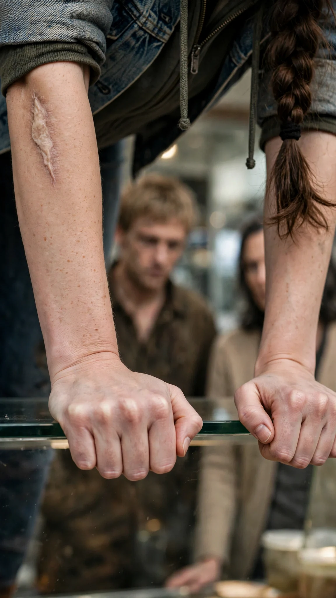 Close on the young woman's hands gripping the counter edge, knuckles pale.