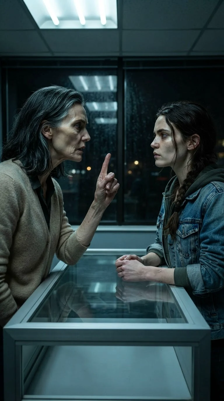 The older woman turns on her daughter, one finger raised, voice sharp.