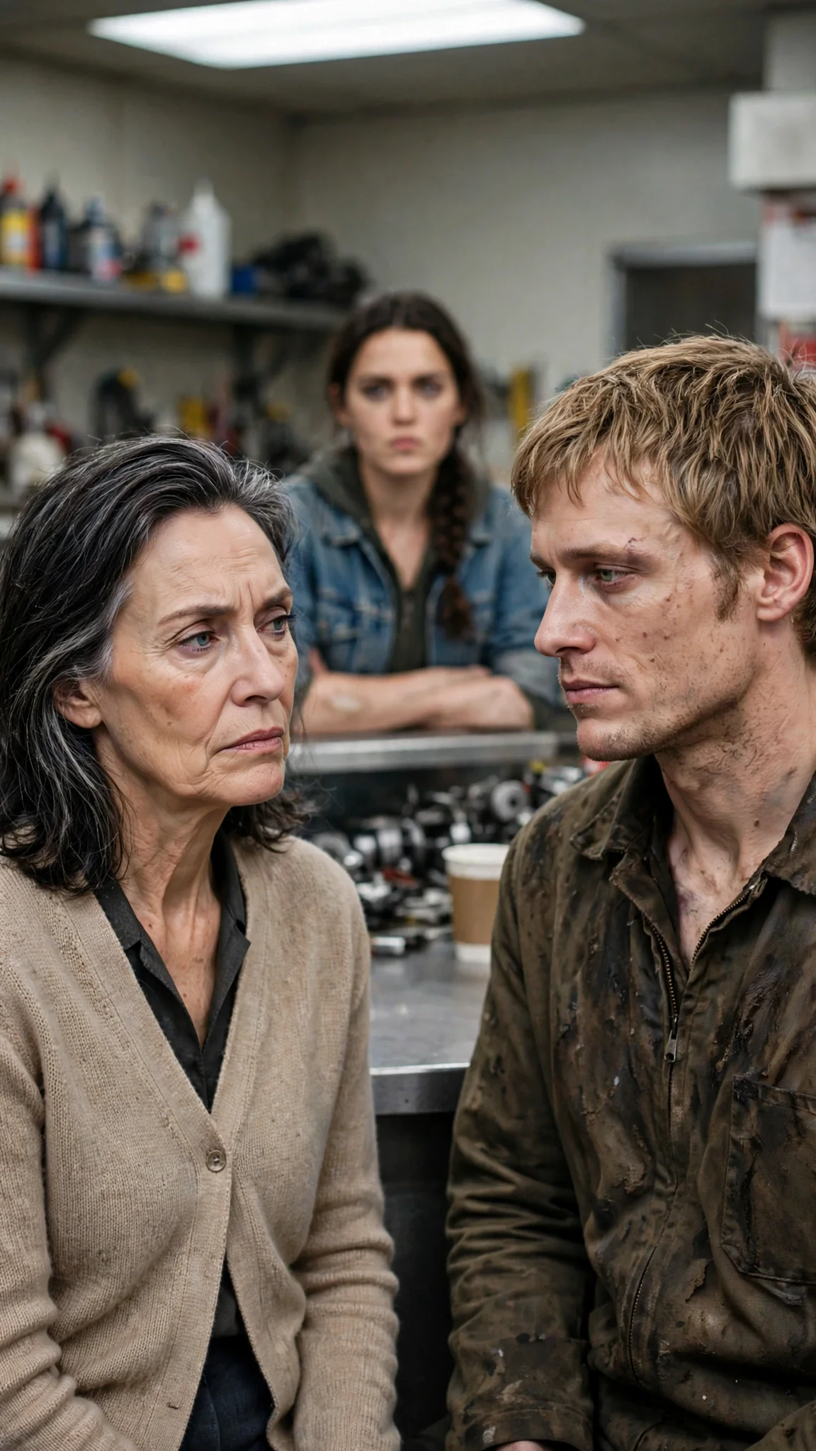 The older woman shrugs at the sandy-haired man, both of them calm, the frozen young woman behind them.