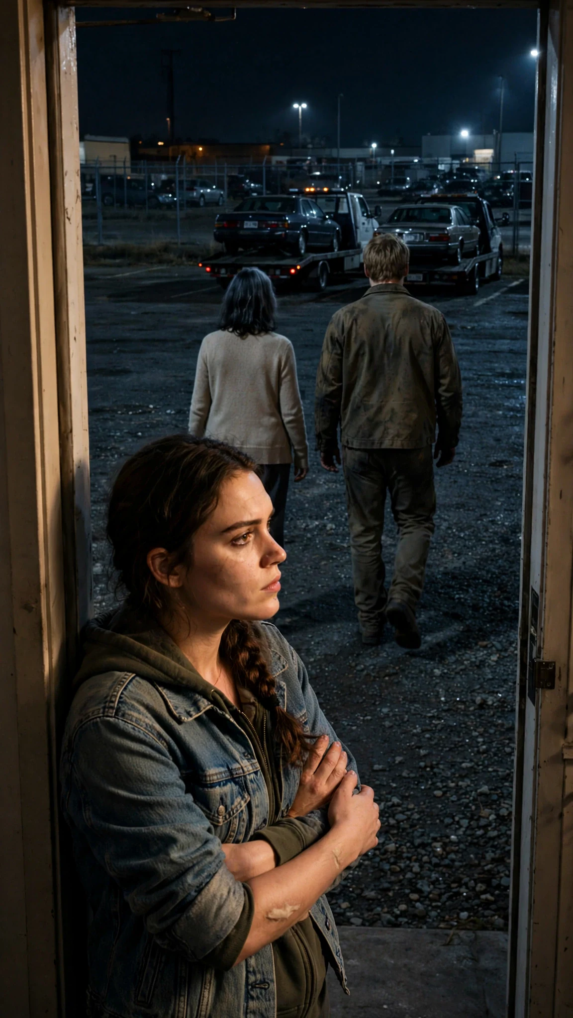 The two of them walk away across the gravel lot, and the young woman watches from the lit doorway.