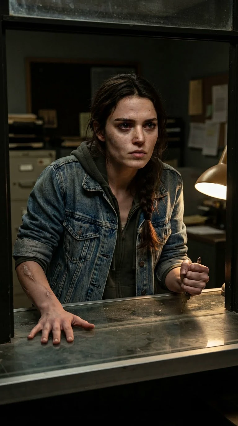 The young woman alone in the office, her fist closed around a small key, shaking.