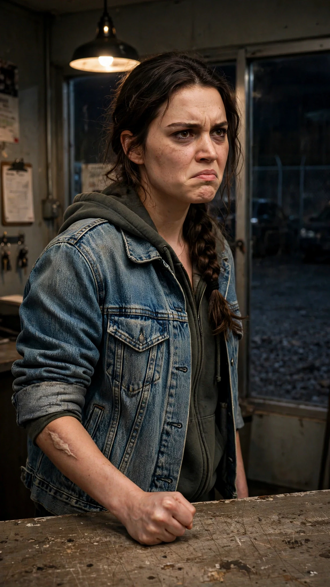 Lainey stands alone in the impound office after the others leave, fists closed.