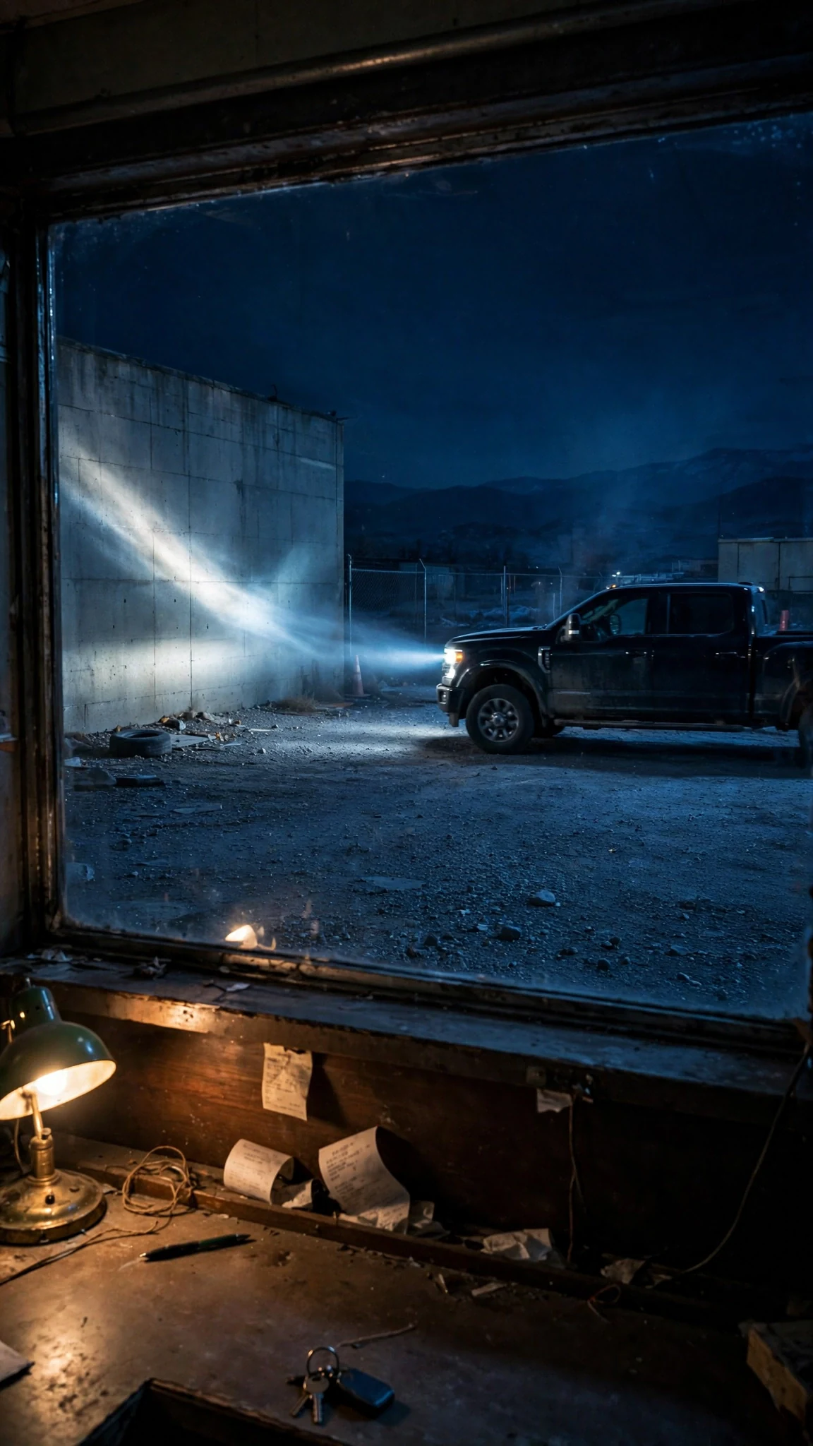 A black truck rolls into the lot at night and kills its lights.