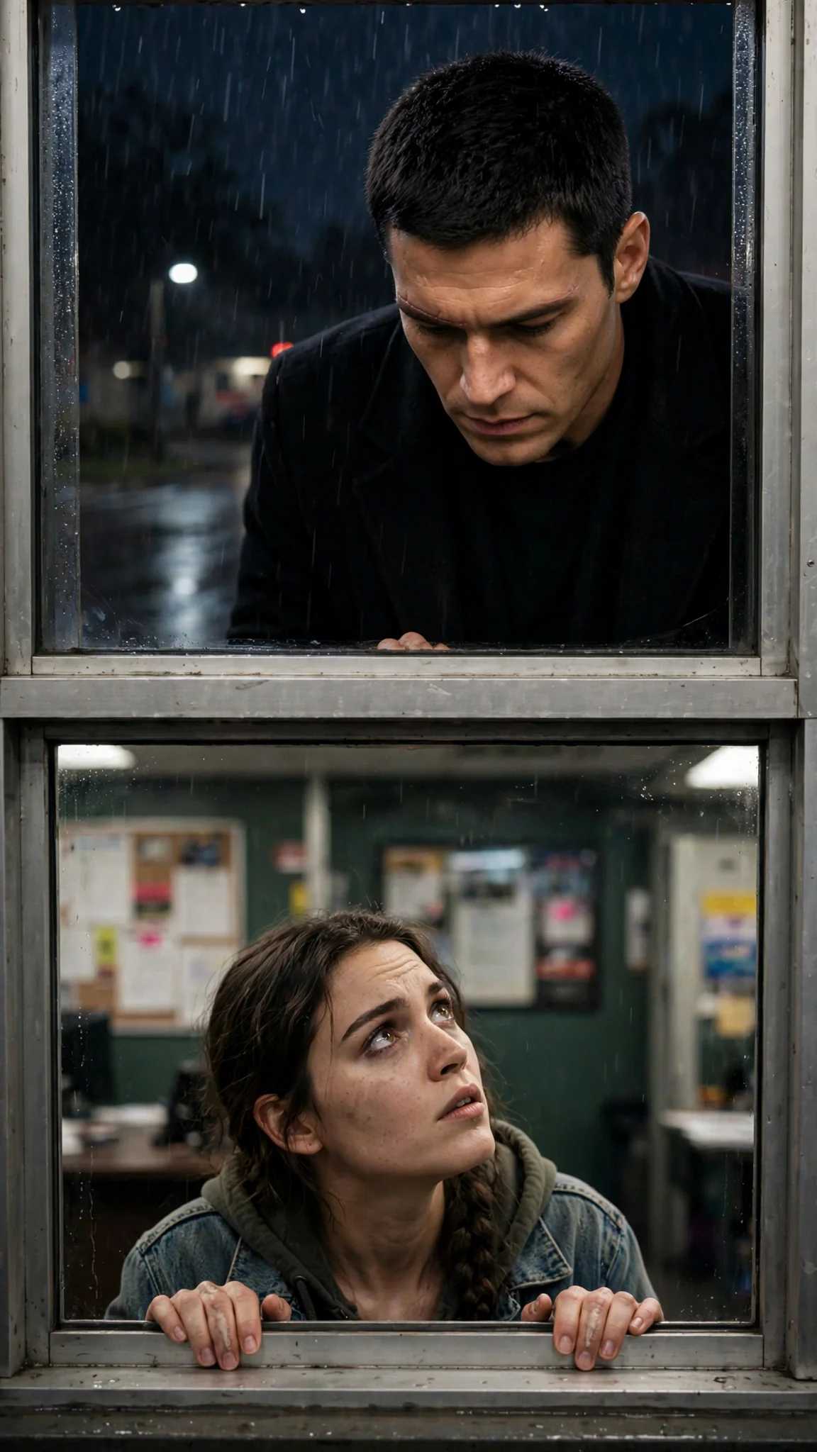 Axton close to the glass, asking her to open the door.