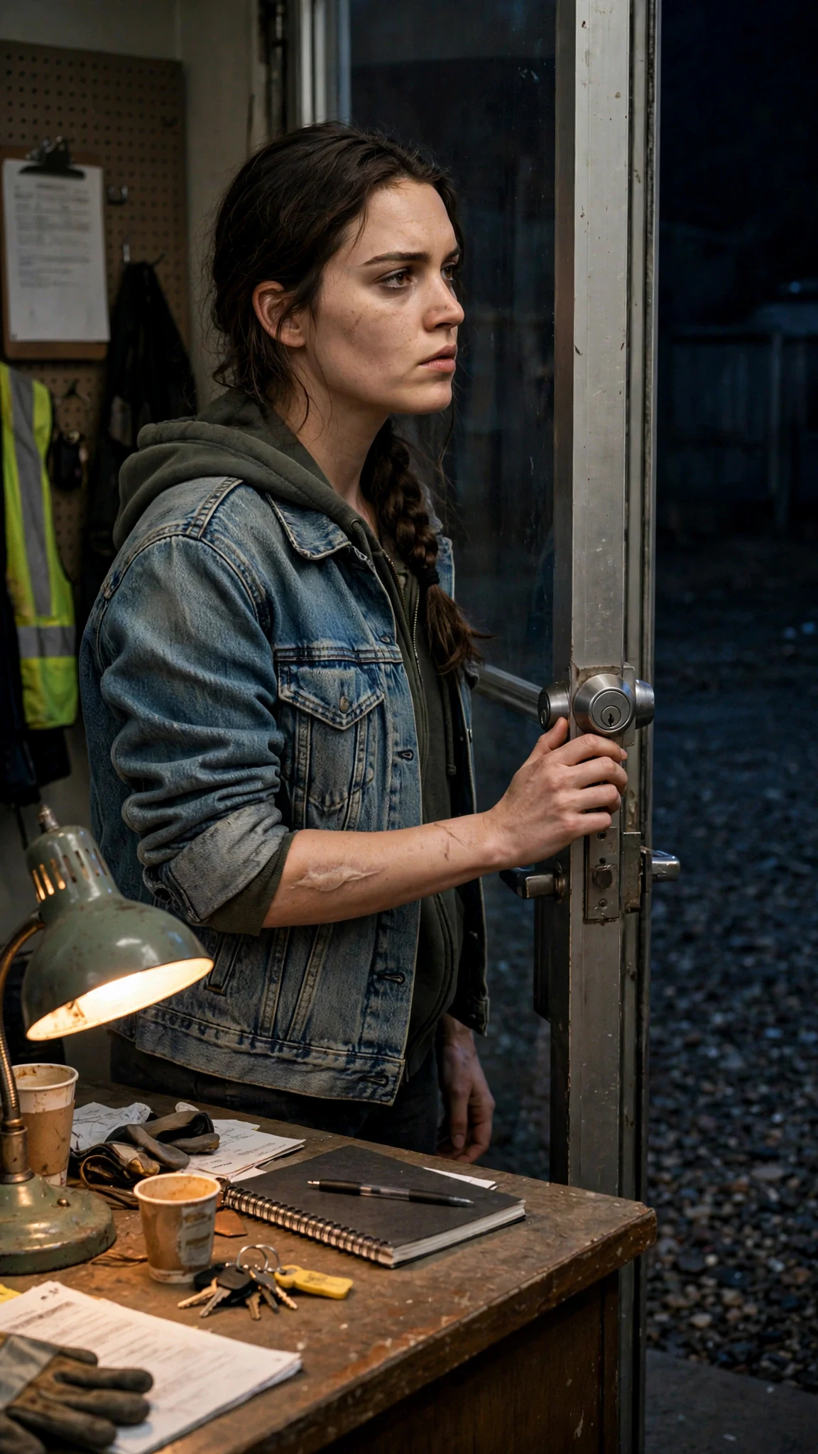 A tired young woman checks the deadbolt of a small night office at a tow yard.