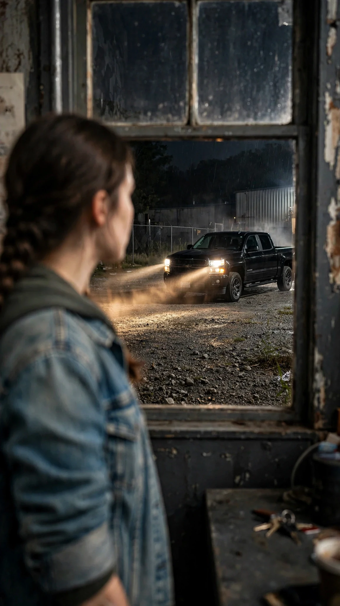 Headlights sweep across the gravel lot toward the lit office window.