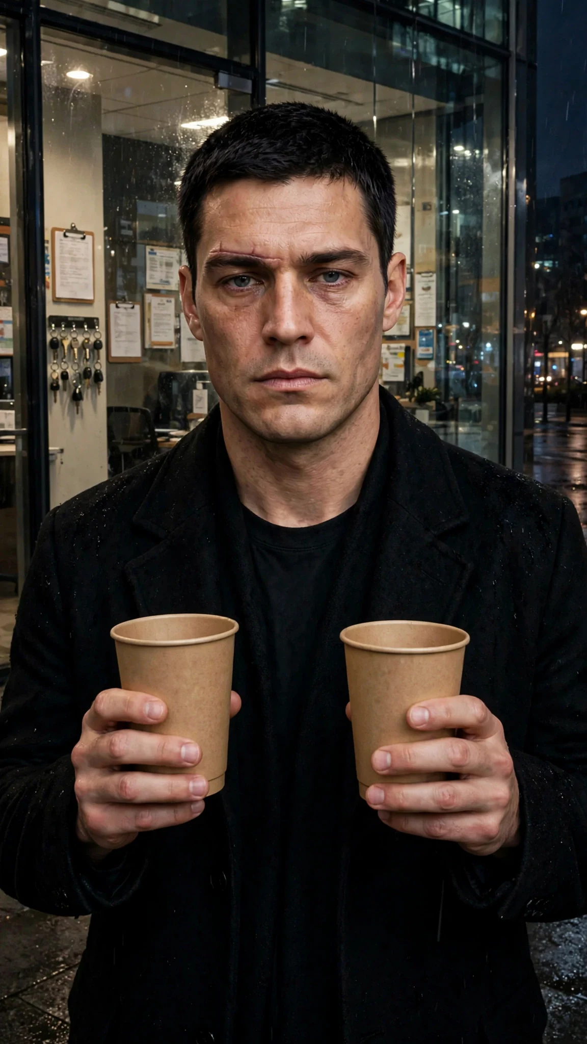 A tall man in a black coat holds up two paper coffee cups at the office window.