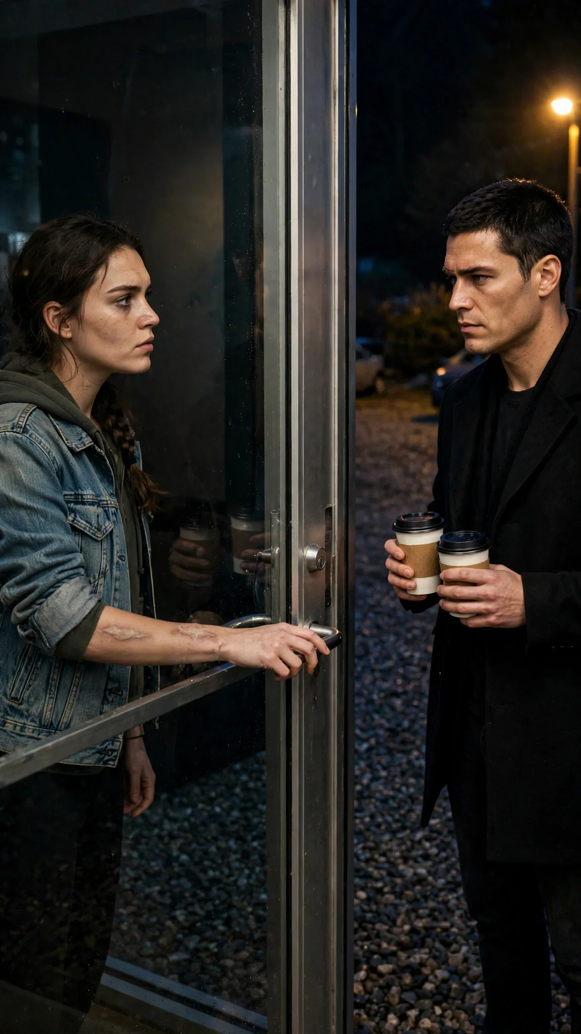 The young woman unlocks the glass door for the man waiting outside with coffee.