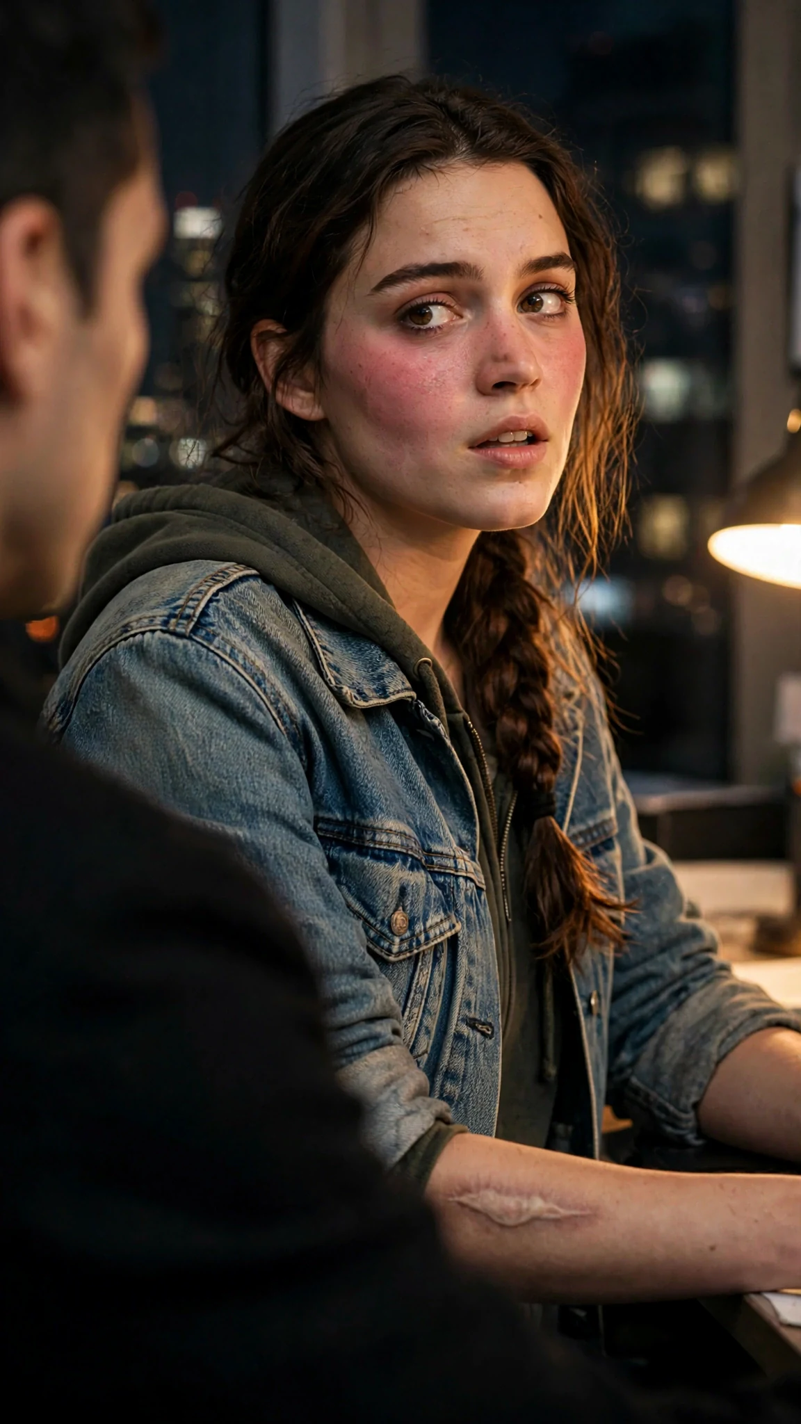 Close view of the woman's face as she registers how near he is standing.