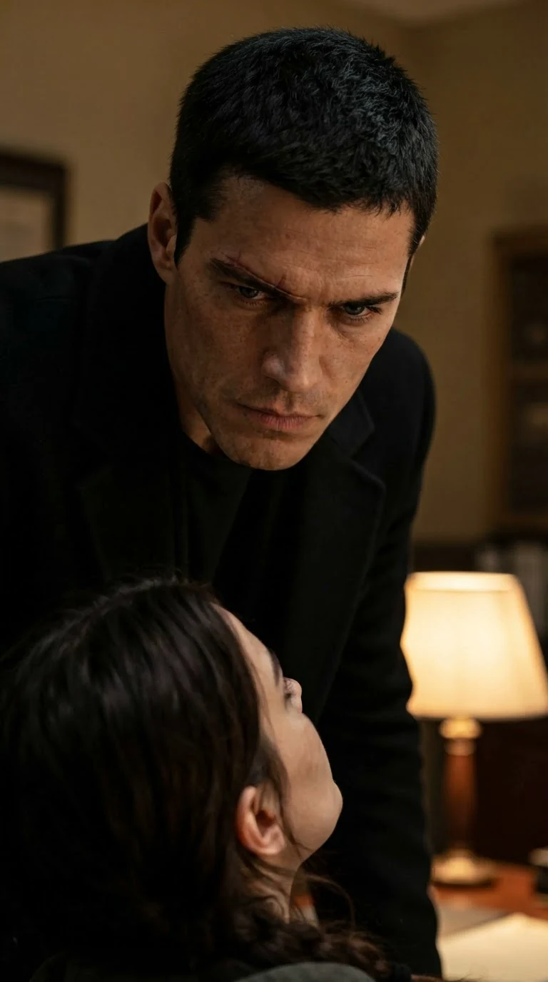 The man looks down at her, jaw tight, like he is holding something back.