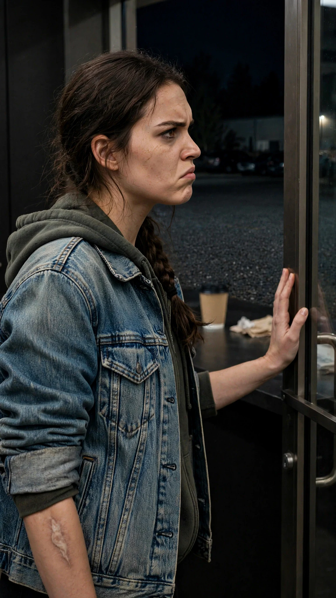 She stands alone at the office door with her hand on it, staring into the dark.
