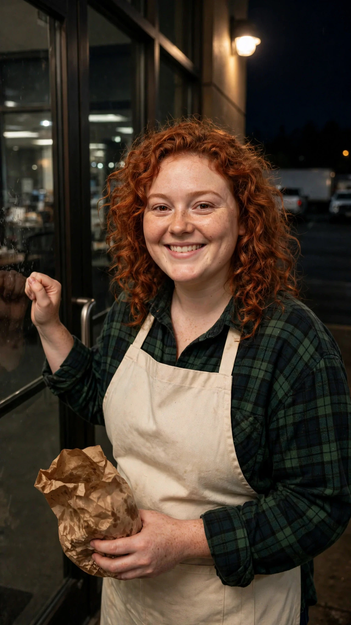 A round-faced red-haired woman in an apron bangs on the office glass with a paper bag.