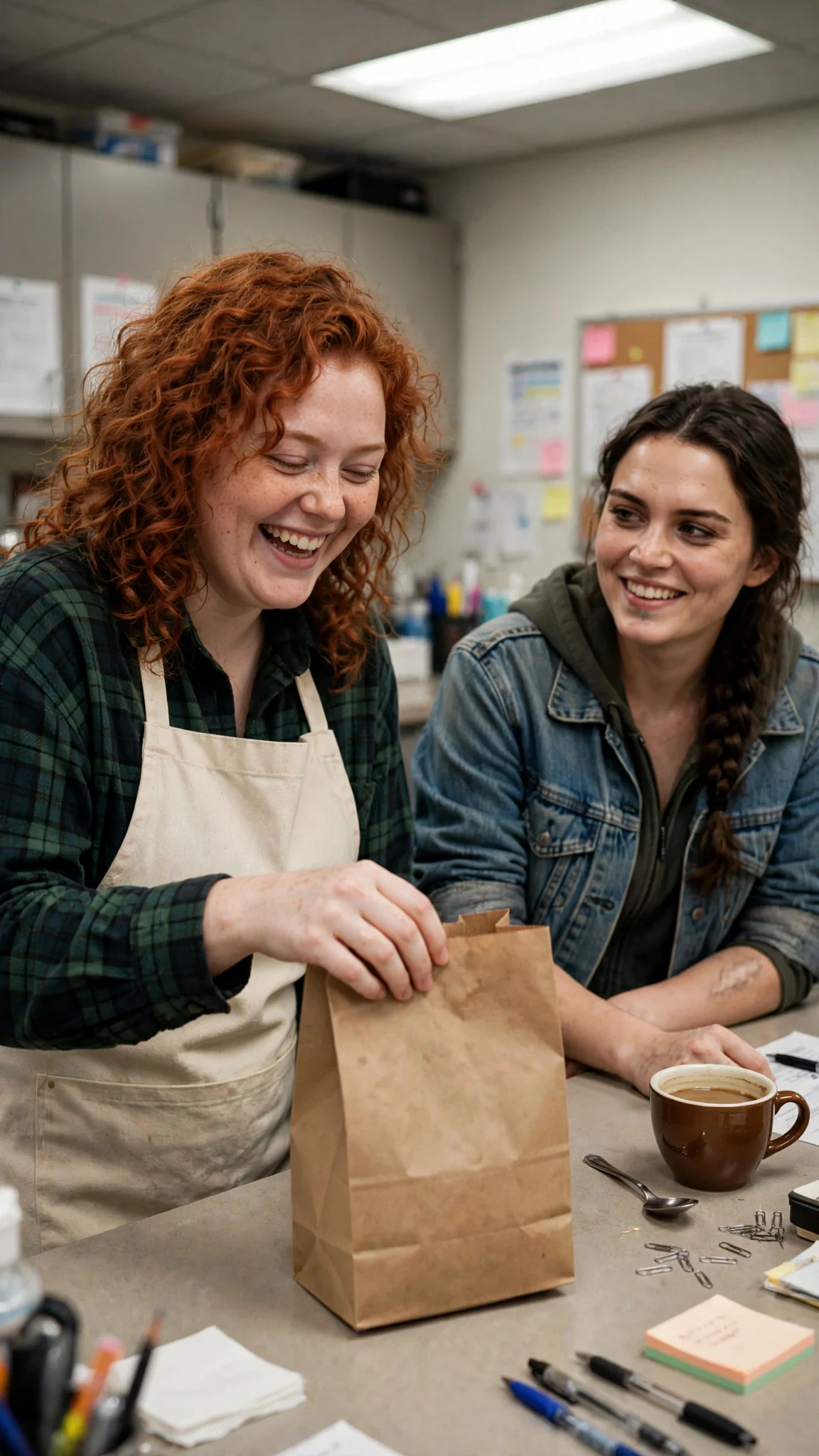 The red-haired woman drops a warm paper bag on the counter inside the office.