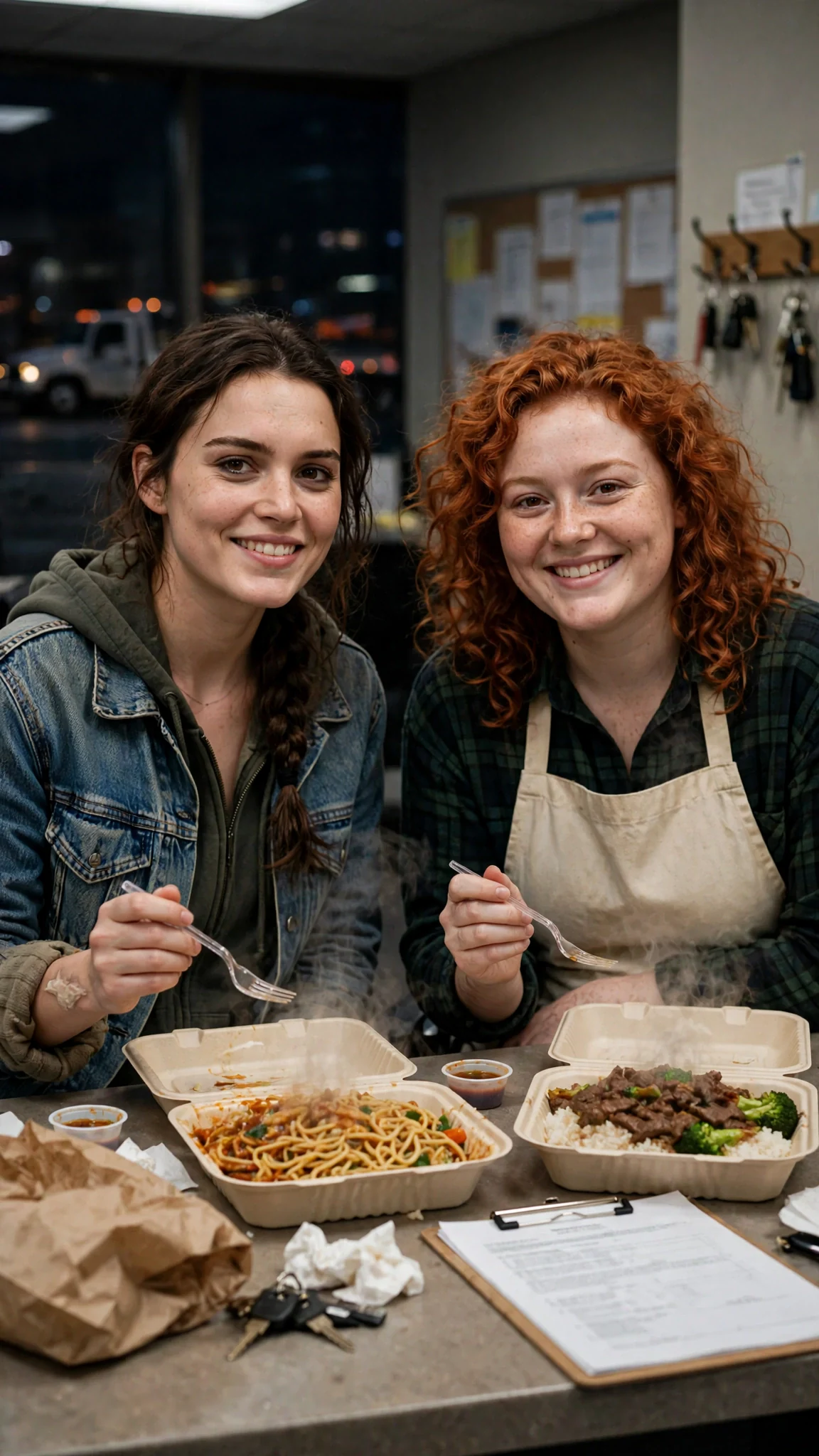 Two women share takeout containers across the office counter at night.