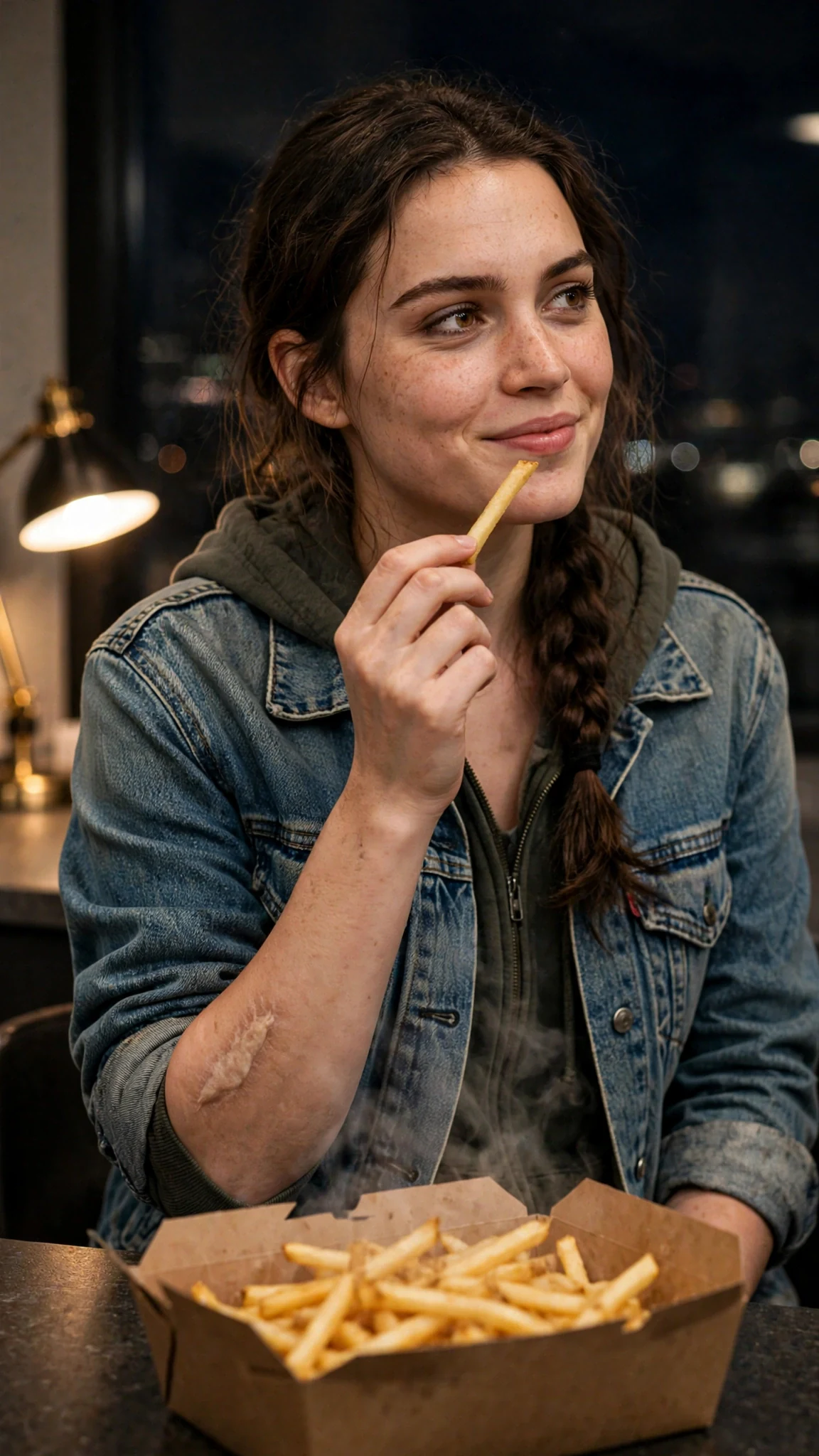 The tired woman eats fries like she is getting away with something.