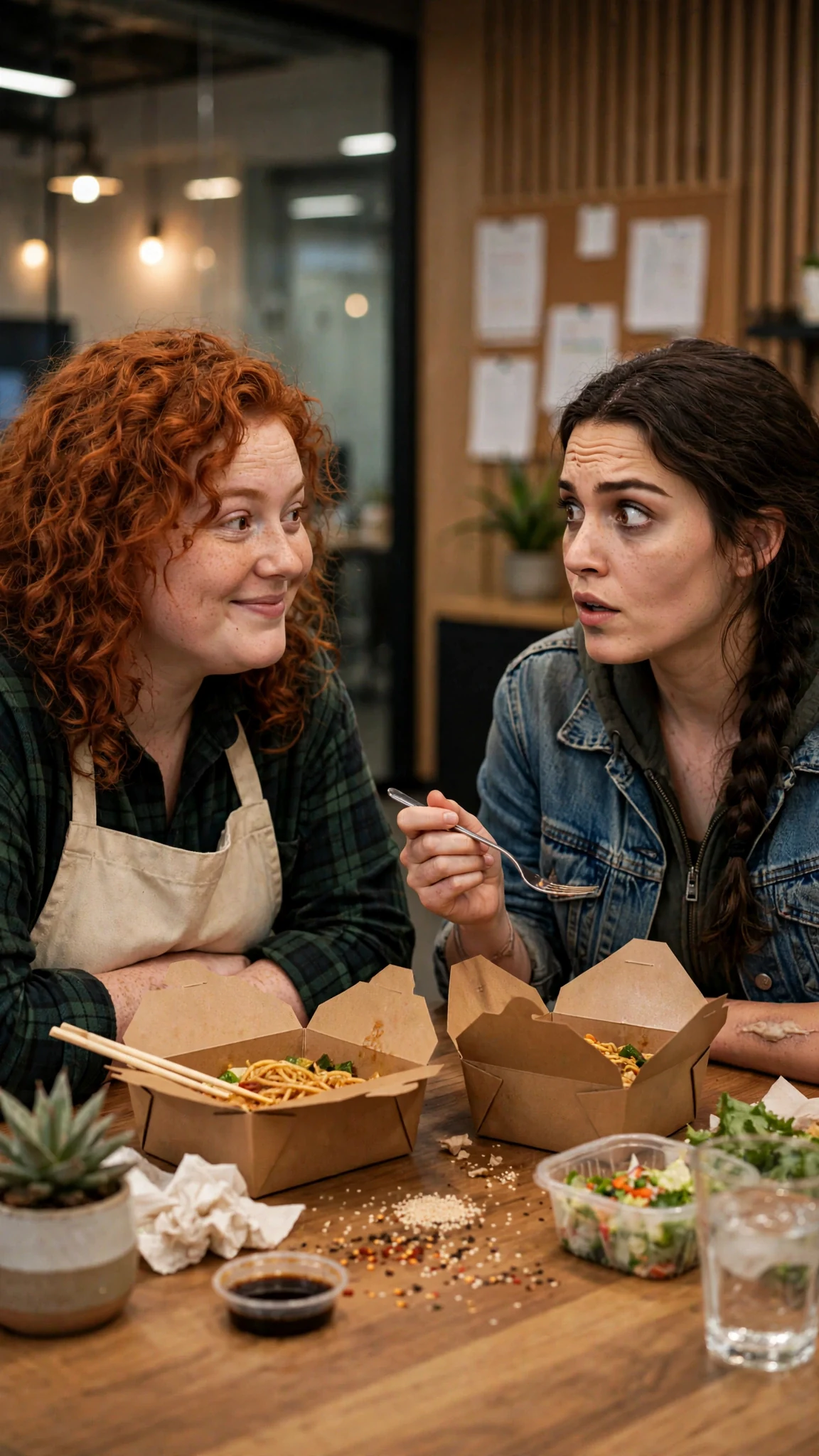 The red-haired woman leans on the counter, talking, while the other listens.