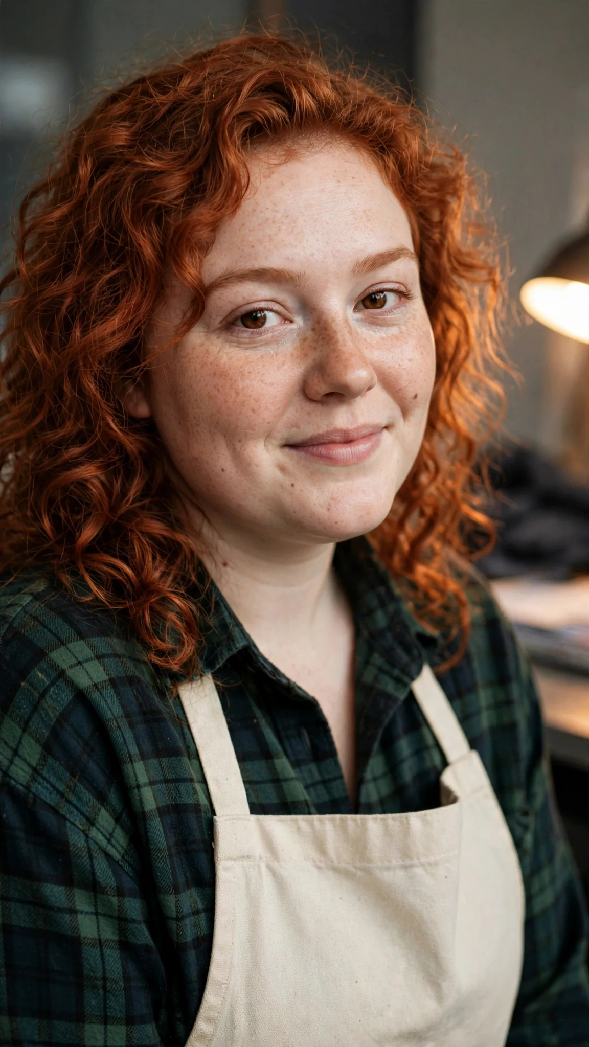 Close view of the red-haired friend's warm, serious face.