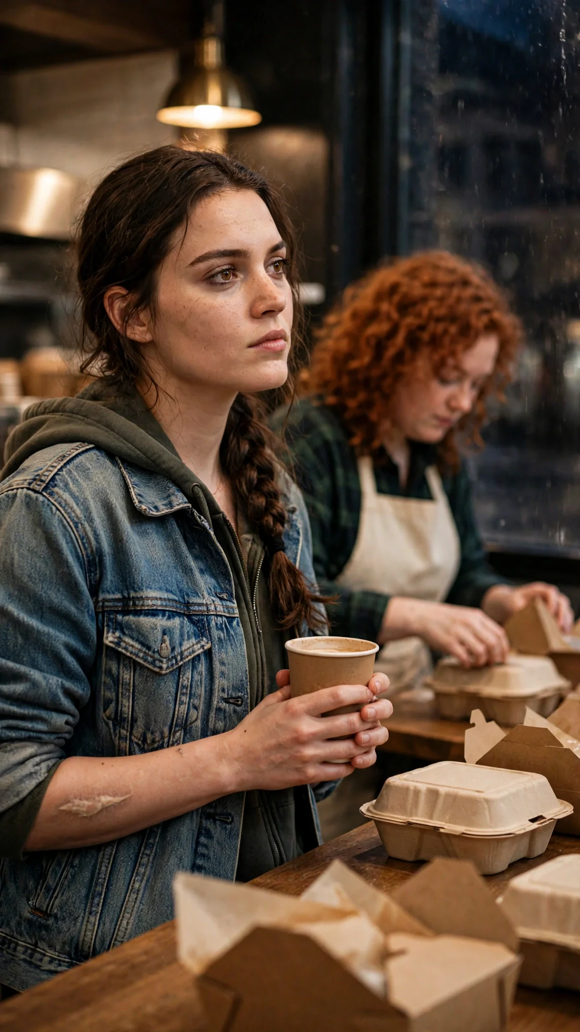 The tired woman holds a coffee cup and looks toward the dark window.