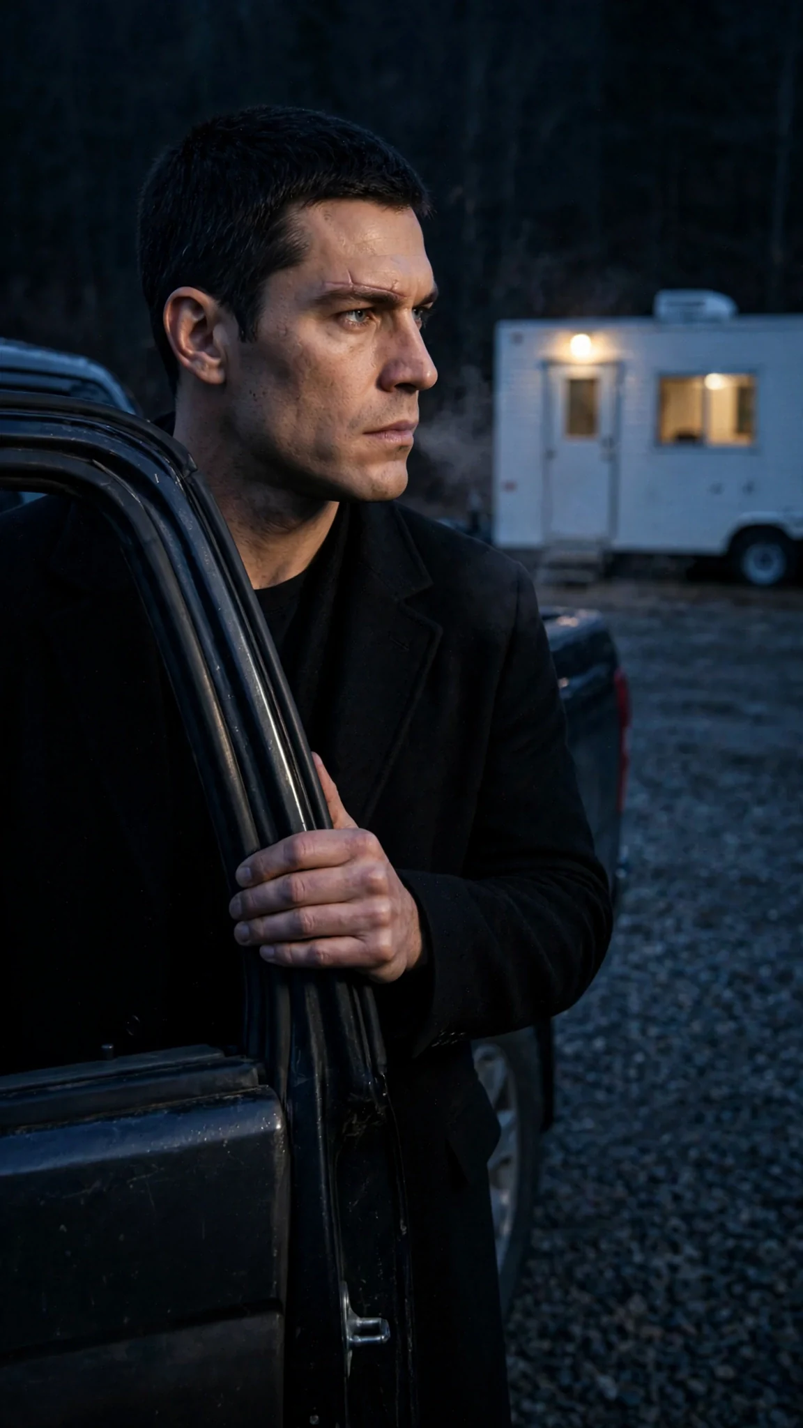 Axton stands at his truck door in the dark lot, jaw tight, breath fogging, the office lamp glowing behind him.