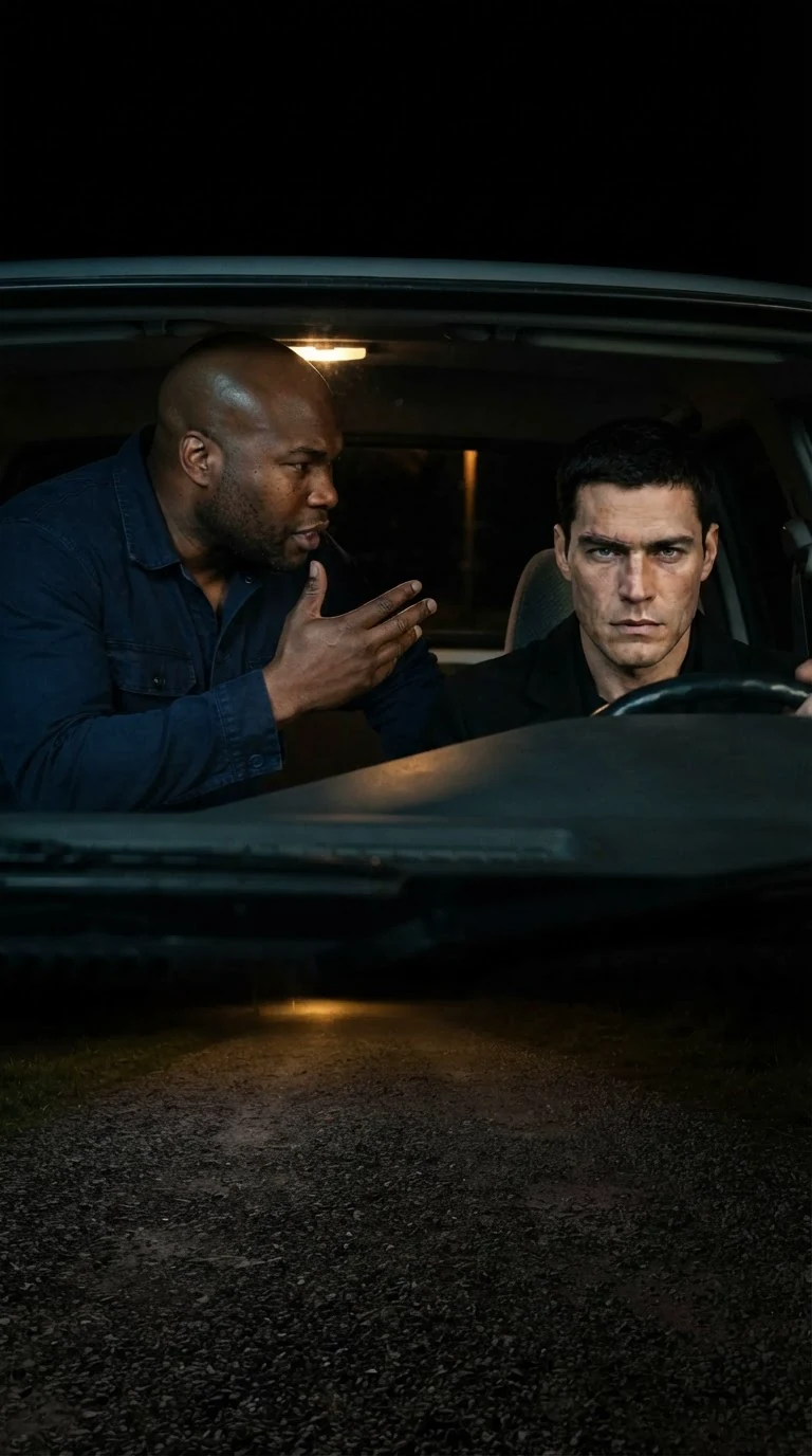 Tate leans forward in the passenger seat, arguing, while Axton stares straight ahead through the windshield.