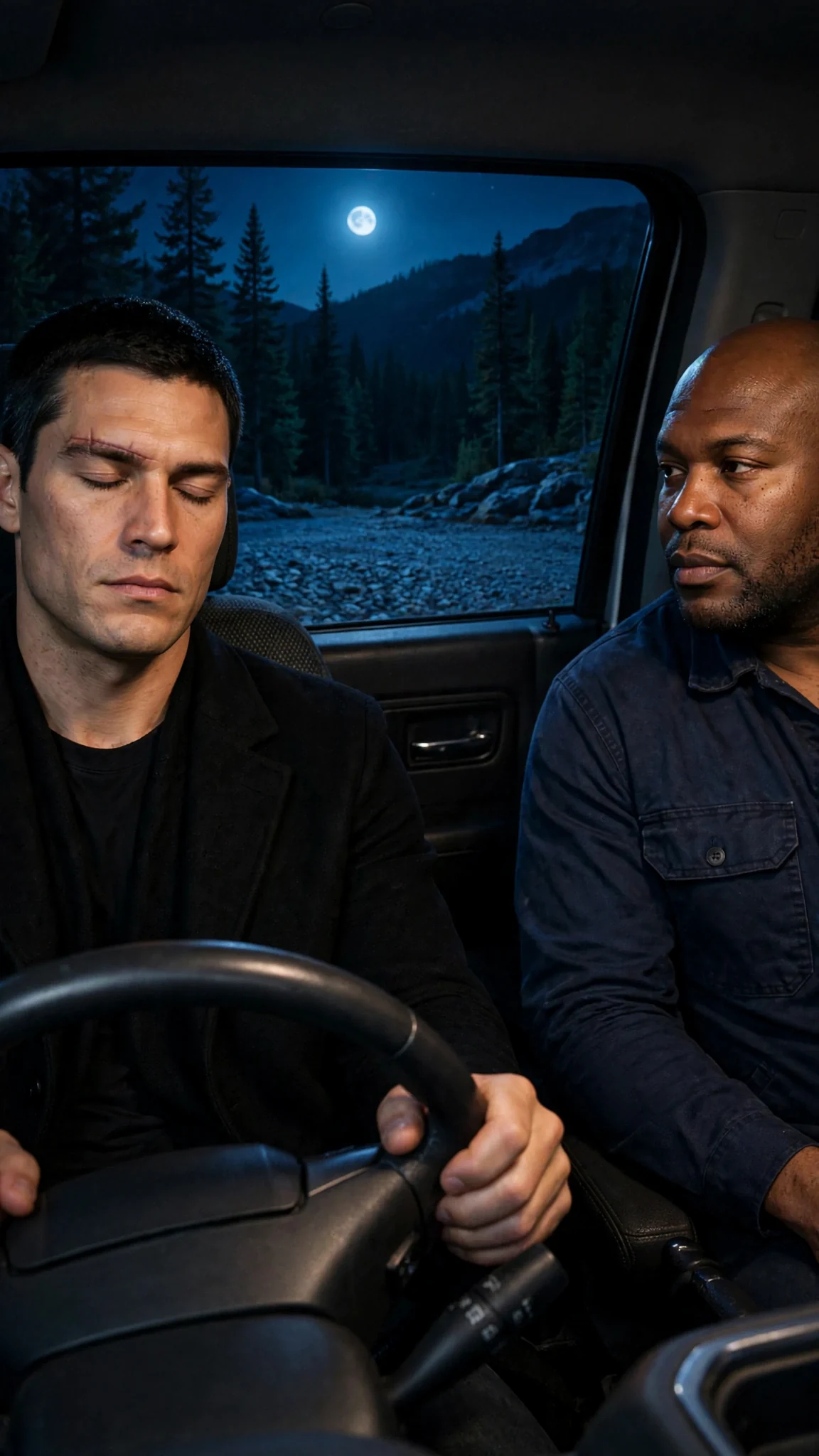 Axton grips the wheel with both hands in the parked truck, eyes shut for a second, snow-dusted ridge road outside.