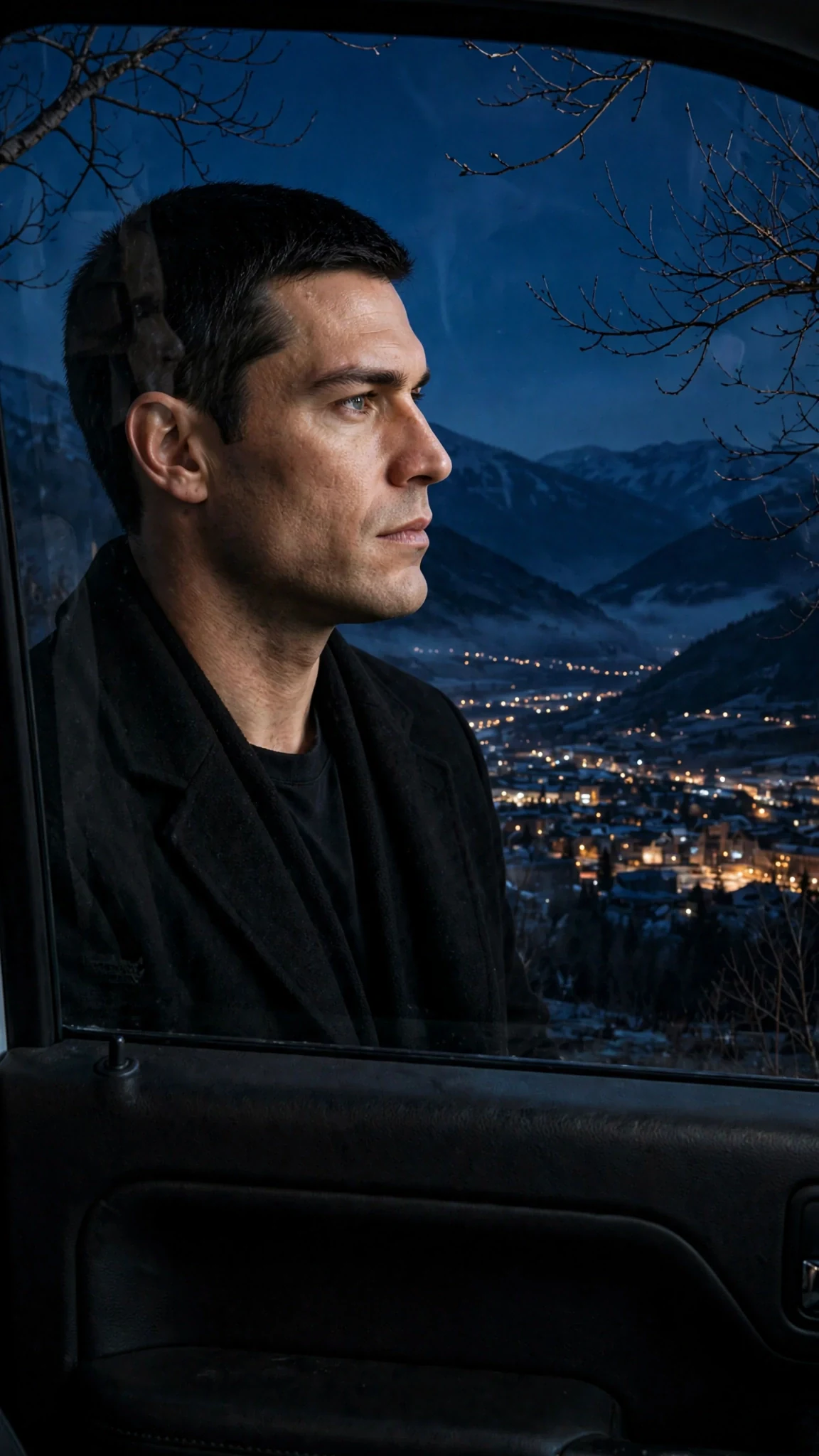 Axton looks out at the dark rooftops below the ridge, tired and hard.