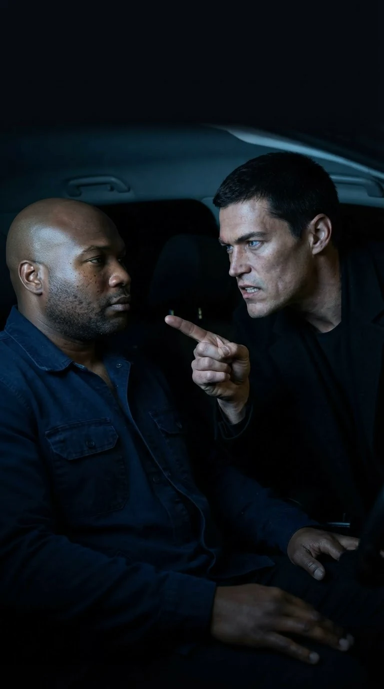 Axton points one finger at Tate across the cab, voice low, order given.