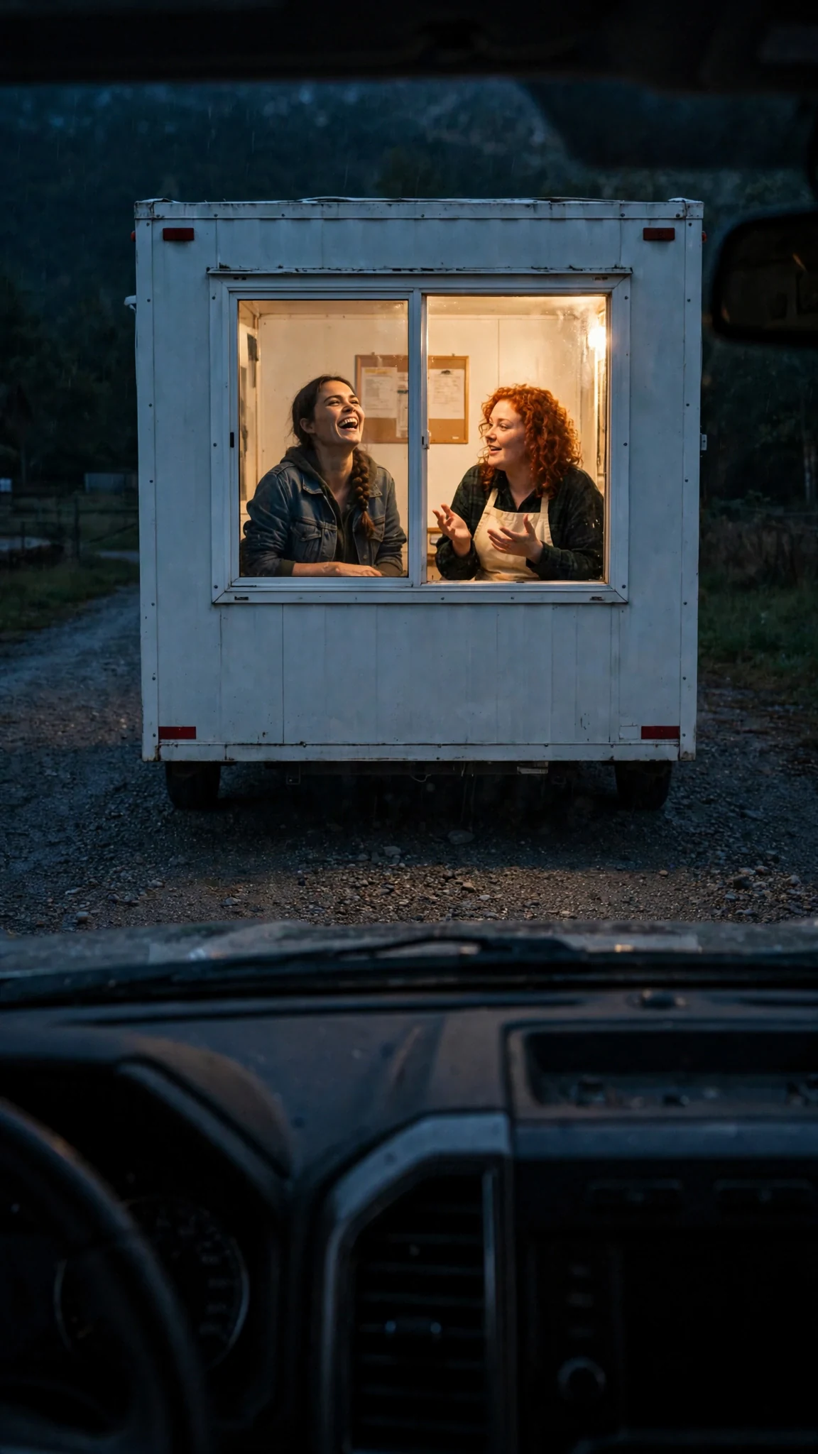 Axton drives slowly past the impound office and sees two women laughing behind the lit glass.